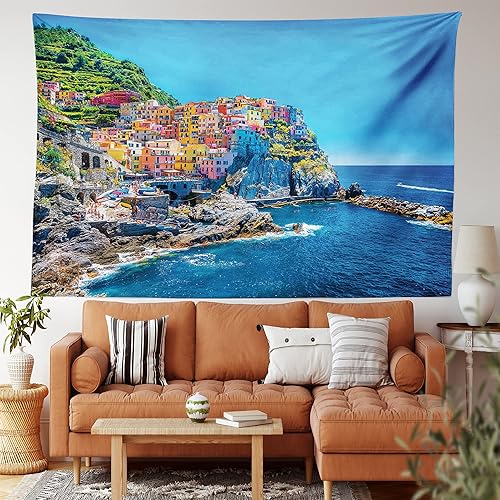 Miniatura 50 de Lunarable Tapiz costero, tumbonas y mar Caribe bajo el parasol naranja, imagen de vacaciones de luna de miel, decoración de tela para colgar