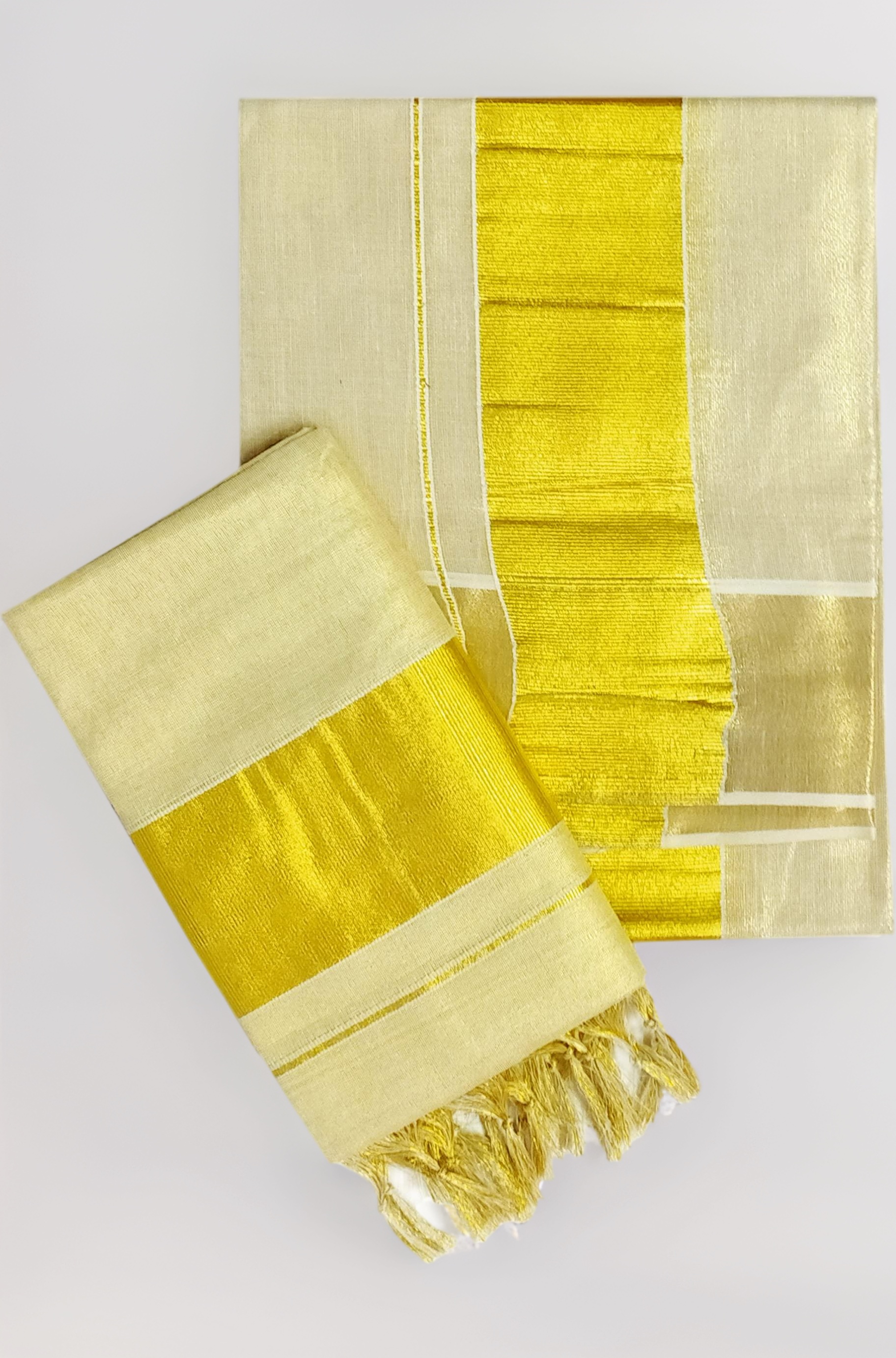 Women's Kerala Traditional Flora Tissue Kasavu Set Mundu With Tassels 2.00x2.80 Meters