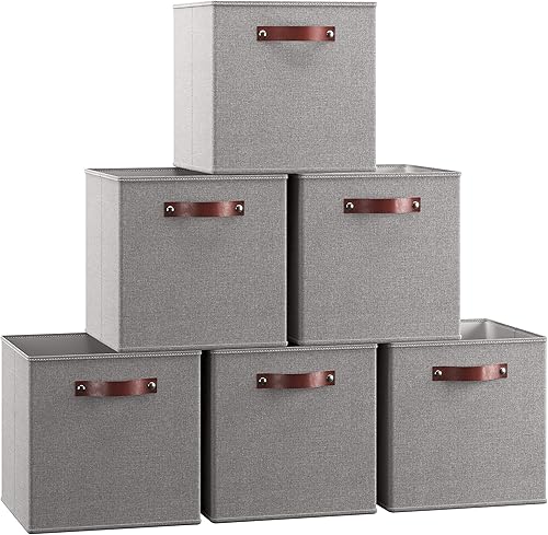 Ornavo Home Caja de almacenamiento plegable de lino con asas de cuero, juego de 6 unidades, 13 x 13 x 13 pulgadas, color gris
