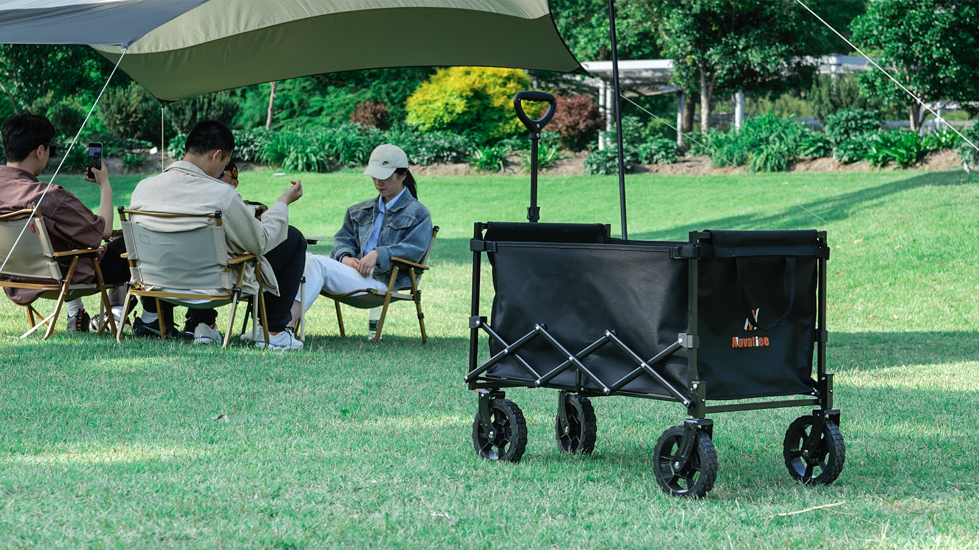 MINENICE Carrello da Giardino Pieghevole con Tetto, Carrello per Tutti i Terreni, Cap. Carico 100kg, per Giardino, Spiaggia, Campeggio, Attività all' Aperto (Black