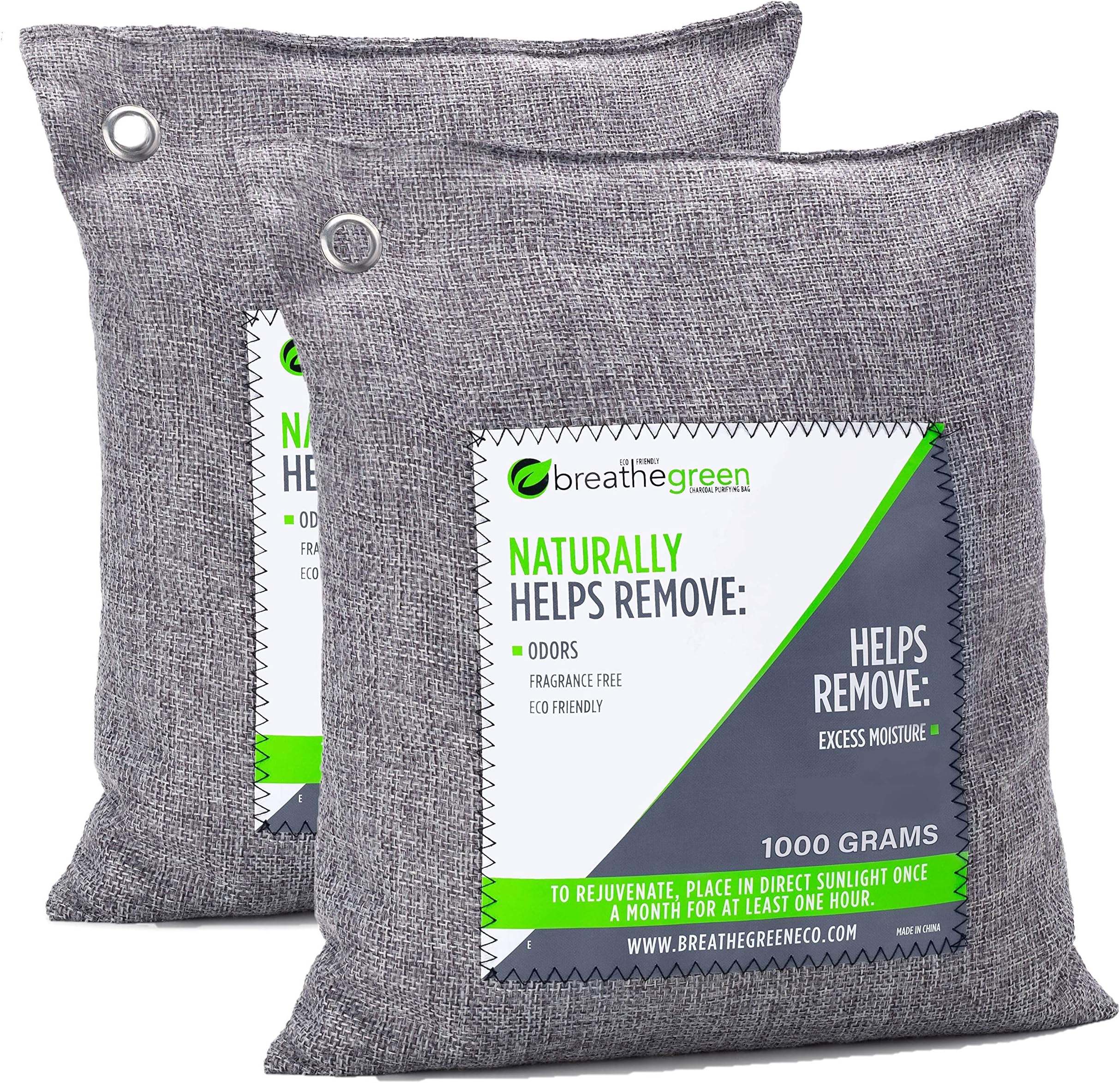 Breathe Green Charcoal Air Freshener Bag For Large Spaces (2X1000 Gram) | Bamboo Charcoal Odor Absorber | Natural Air Refresher For Odors and Moisture | Odor Eliminator for Basement, Garage, Trucks RV