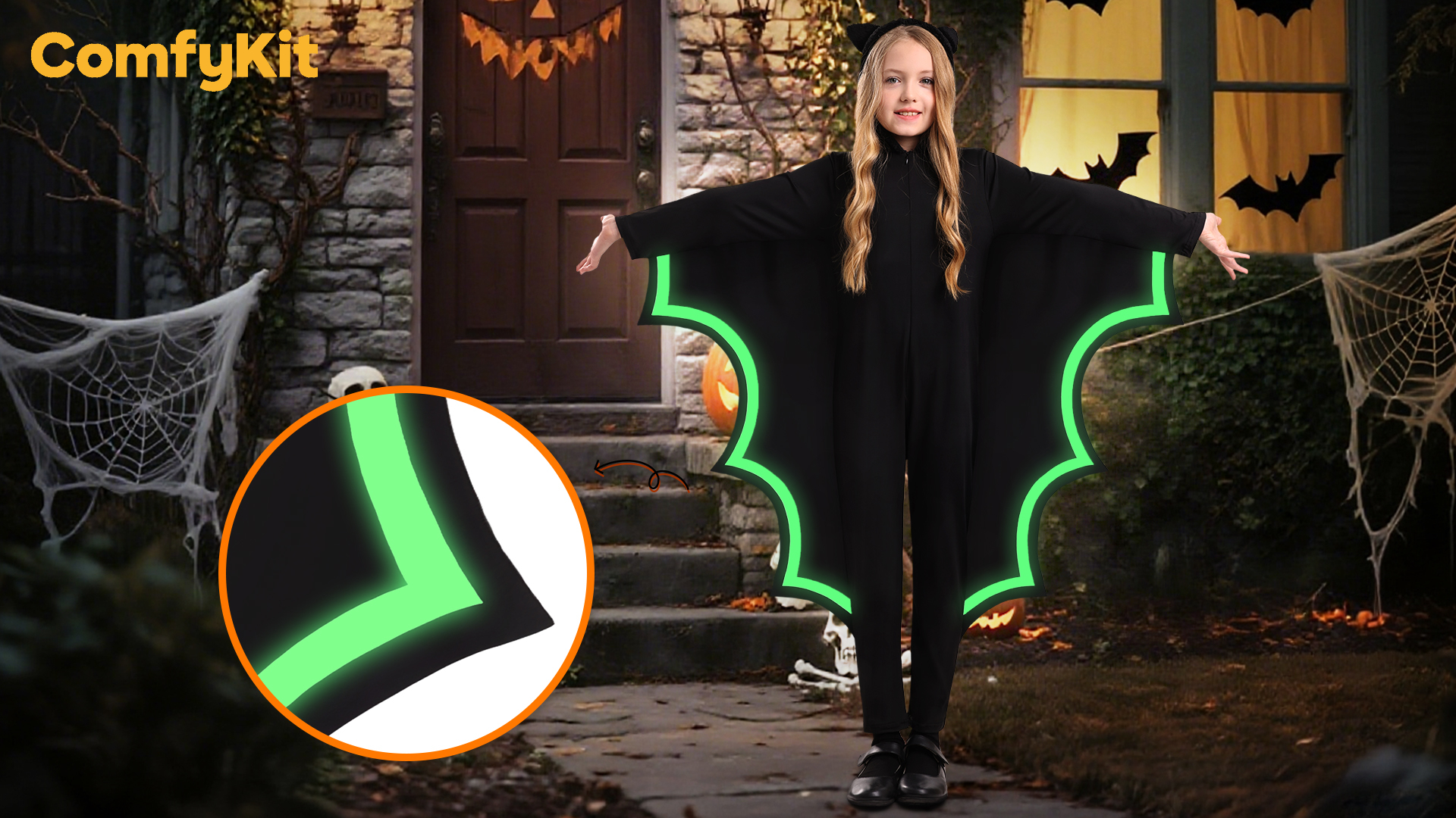 Disfraz infantil de murciélago con brillo oscuro miniatura 7