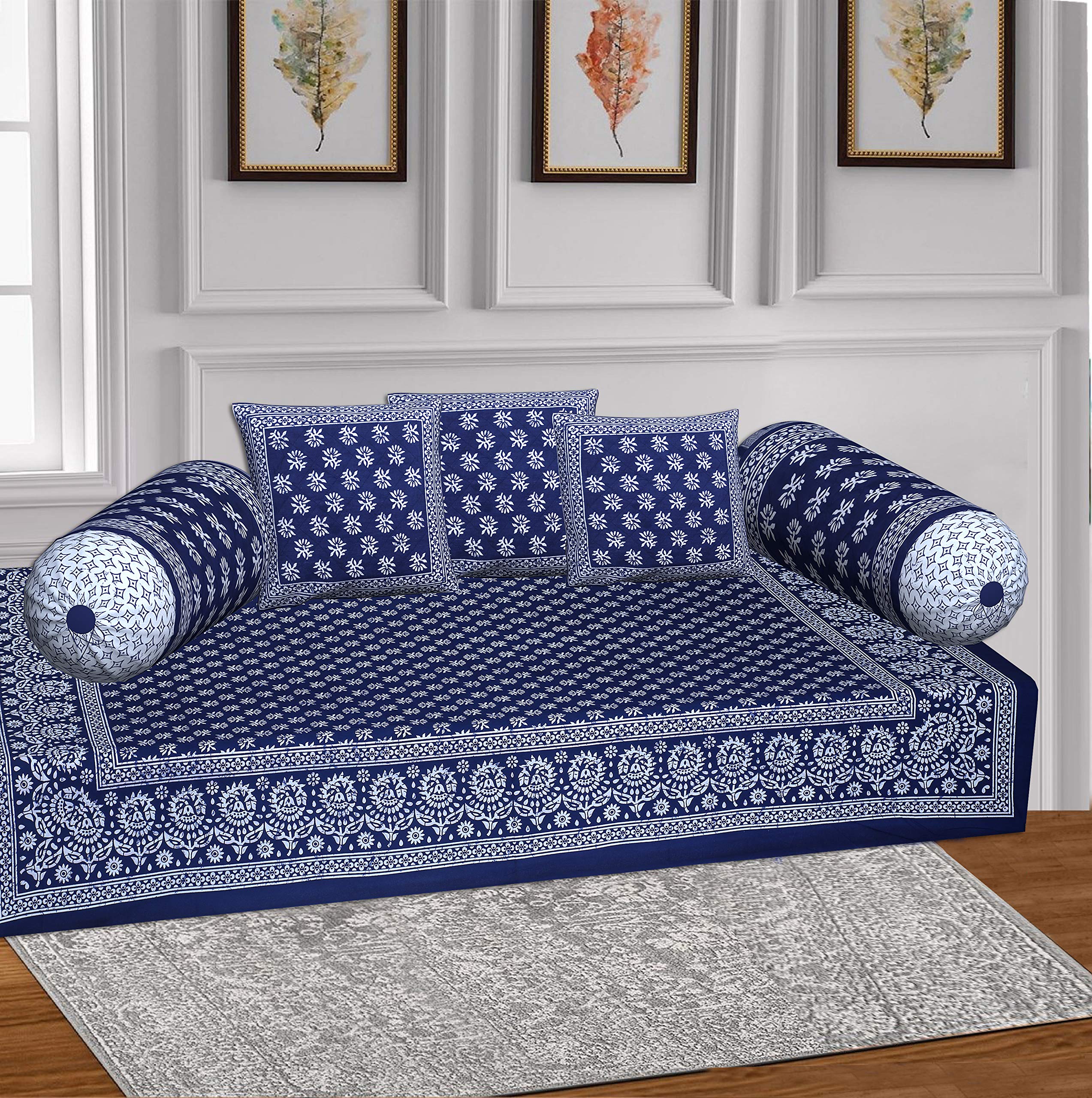 Blizz Mont by Jaipur Fabrics | Ethnic Motifs Printed Diwan Set | Pure Cotton | Set Contains- 6 Pieces (1 Single Bedsheet, 2 Boster Covers, 3 Cushion Covers) | Blue FR- 1+2+3