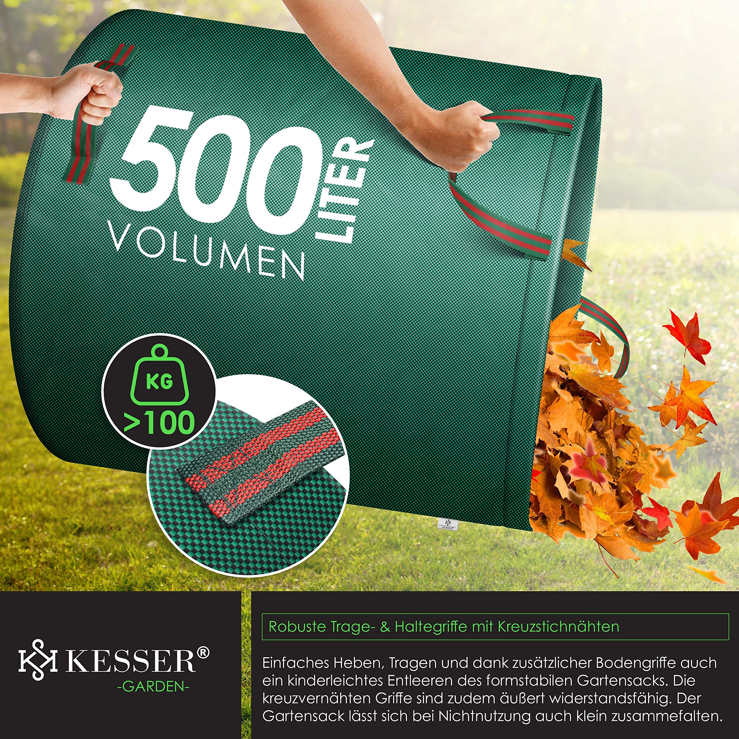 KESSER® Gartensack 6x 500L Set Laubsack Gartenabfallsack inkl. Handschuhe - Selbststehend 4 Griffe Stabil Robust & Faltbar - Laubsäcke Rasenschnitt Gartensäcke für Gartenabfälle Grünschnitt Grün