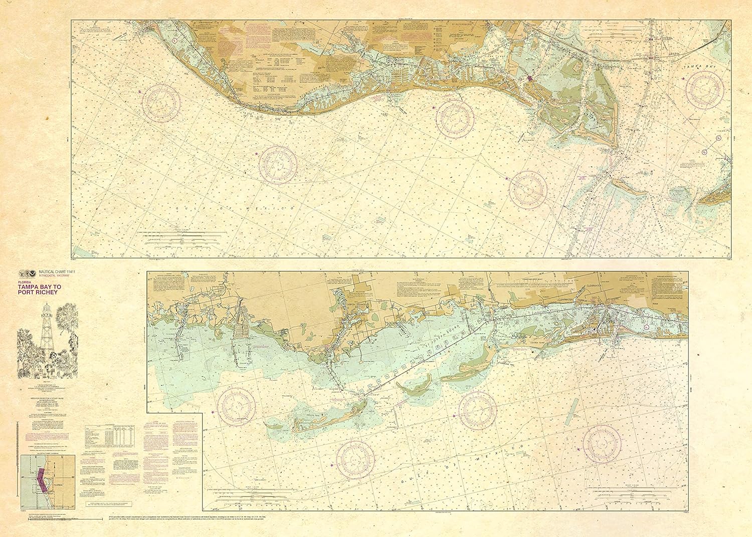 Paradise Cay Publications, Inc. Antiqued NOAA Chart 11411: Intracoastal Waterway Tampa Bay to Port Richey