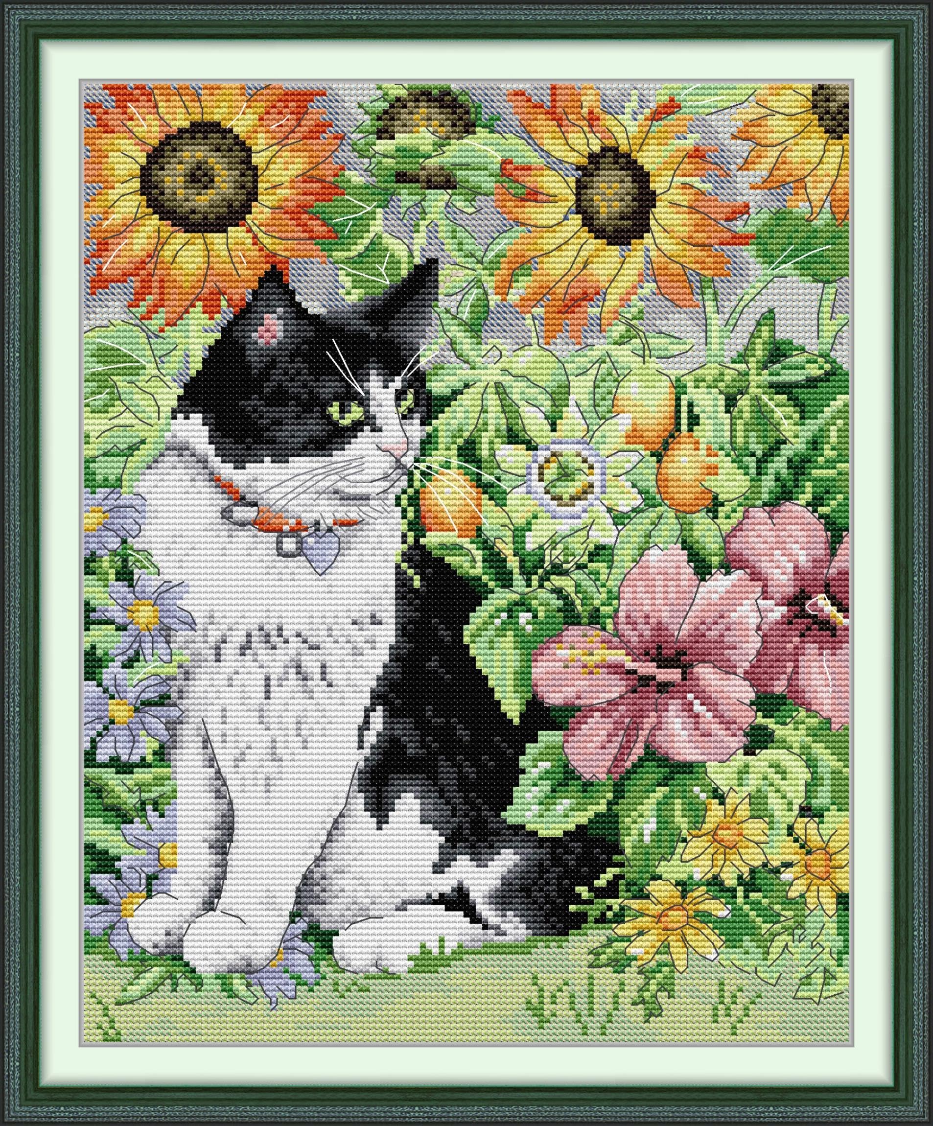 Funcrostitch Counted Cross Stitch Kits for Beginners,14ct Unprinted Pattern Embroidery Kit Dmc Cotton Threads Needleworks for Adults-Cat in Flower 11.8"×13.8"
