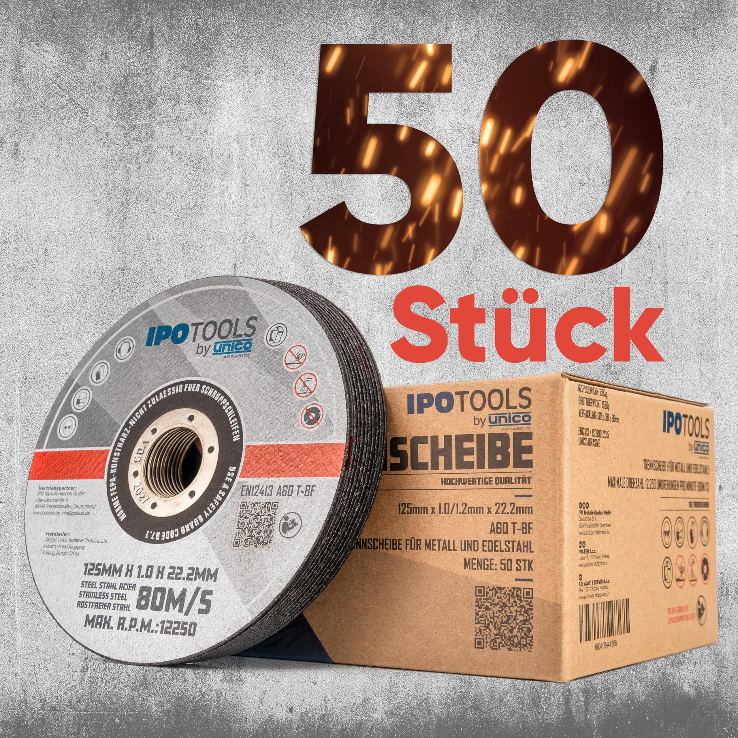 50 x IPOTOOLS Trennscheibe 125 Metall – Schleifscheibe 125 Metall aus Edelstahl, Schleifscheibe 125 mm x 1,0 mm, für Metall, Stahl und Edelstahl, Metall, Edelstahl, Eisen