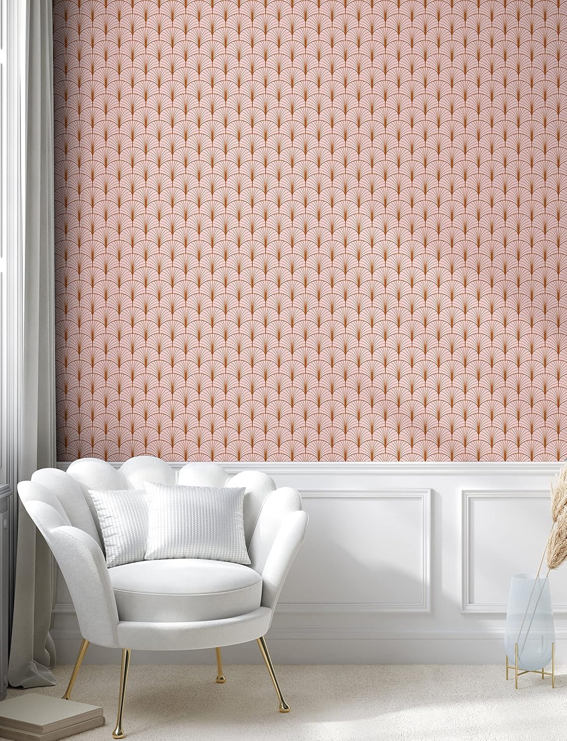 Ambesonne Blush Pink Peel & Stick Wallpaper for Home, Art Deco Style Geometric Vintage Repetitive Feathers Scale Motif Pattern, Self-Adhesive Living Room Kitchen Accent, 13" x 36", Ginger Blush