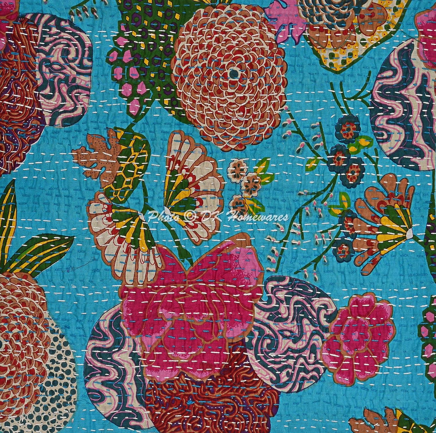 Bohemian Decorative Toss Throw Pillowcases 16 x 16 Inch Cotton Kantha Tropicana Indian Square Accent Cushion Covers (Size - 40x40 cm ; Color: Turquoise) - Set of 4 Pcs (Cover Only)