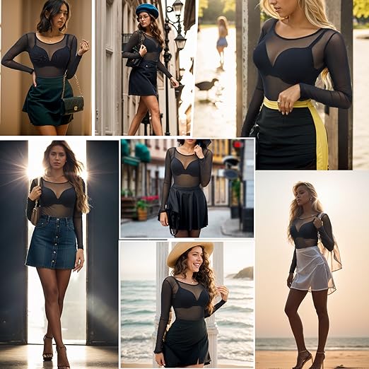 Kintarkee Mesh Top Long Sleeve Sheer Tops for Women Mock