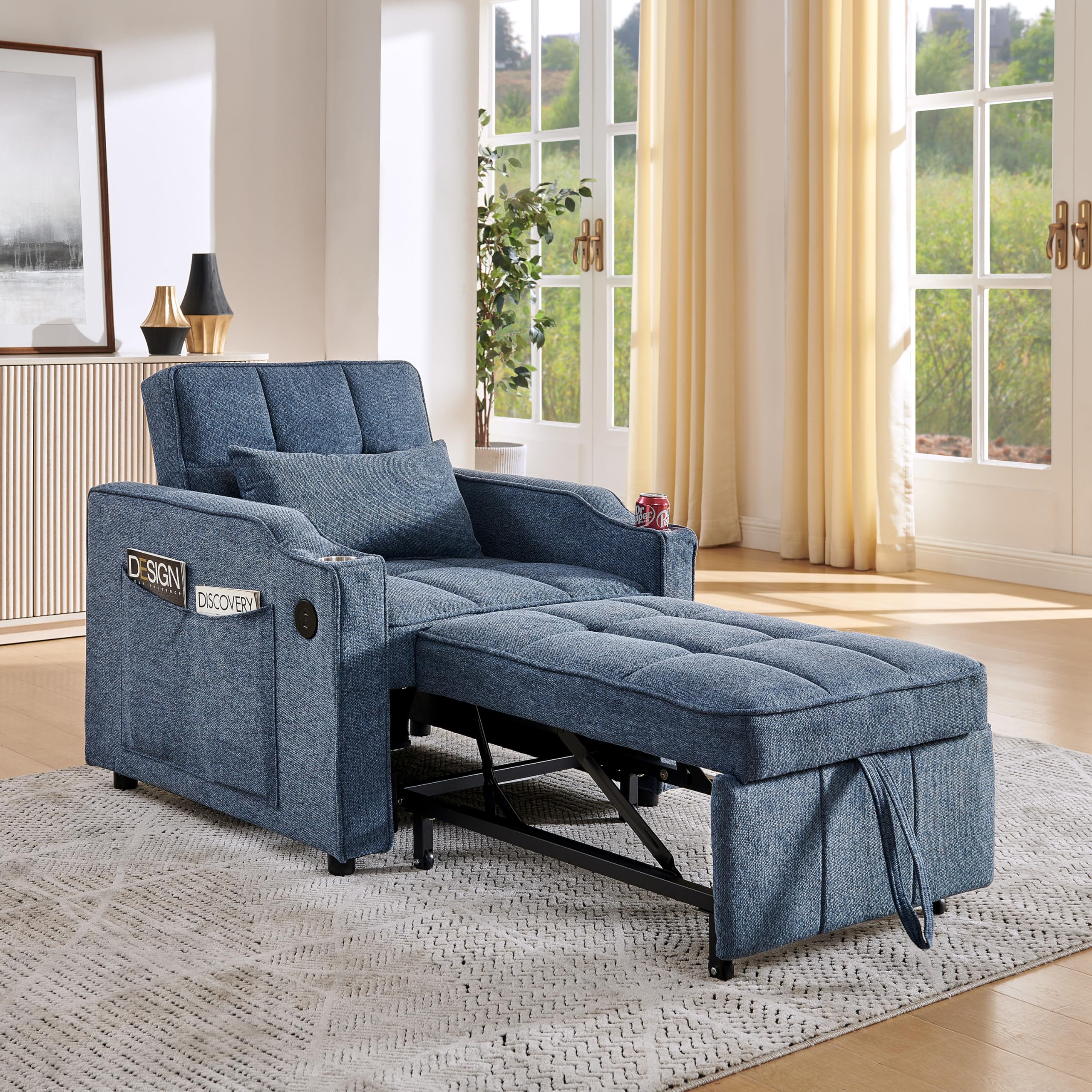 Generisch 3-in-1 Schlafsessel Marineblau 190cm Liegefläche mit USB/Type-C Anschluss, Edelstahl-Getränkehalter, 3-stufig Verstellbarer Rückenlehne, Seitentaschen, Schlafsofa für kleine Räume & Gäste