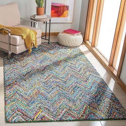 SAFAVIEH Nantucket Collection - Alfombra de área de 6 x 9 pies, azul y multicolor, hecha a mano moderna abstracta de algodón cheurón, ideal para