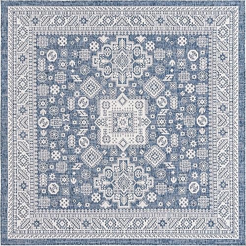 Miniatura 3 de Unique Loom Outdoor Aztec Collection Alfombra de área, Chalca (7 pies 10 pulgadas, cuadrada, azulmarfil)