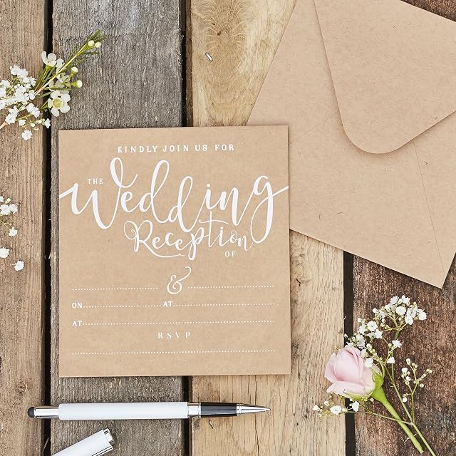 Ginger Ray Natural Kraft with White Text Wedding Reception Invitations 10 Pack Rustic Country