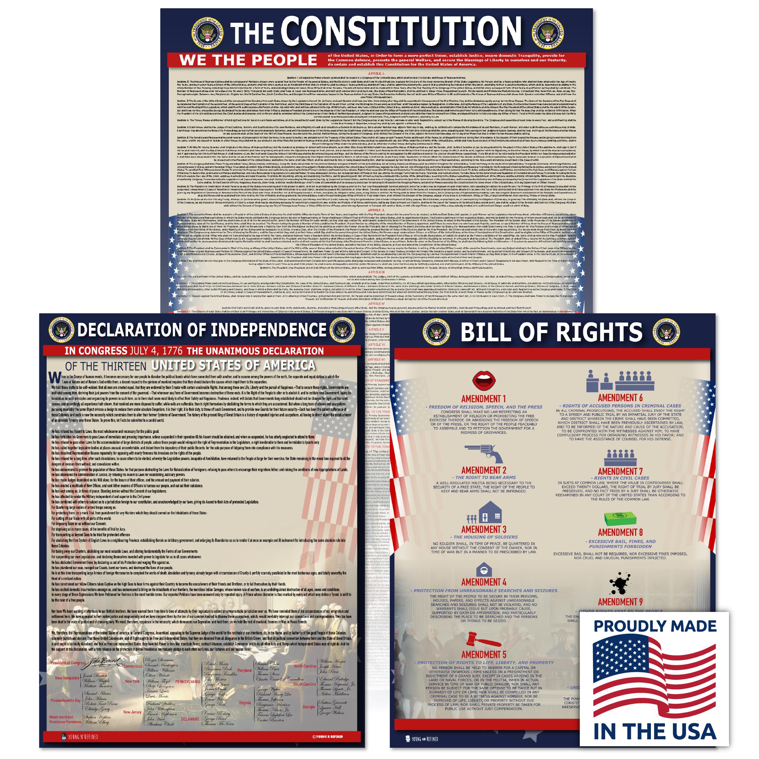 American Founding documents LARGE Laminated 3 pack: US Constitution with all amendments, Declaration of Independence and Bill of Rights (18x29) Young