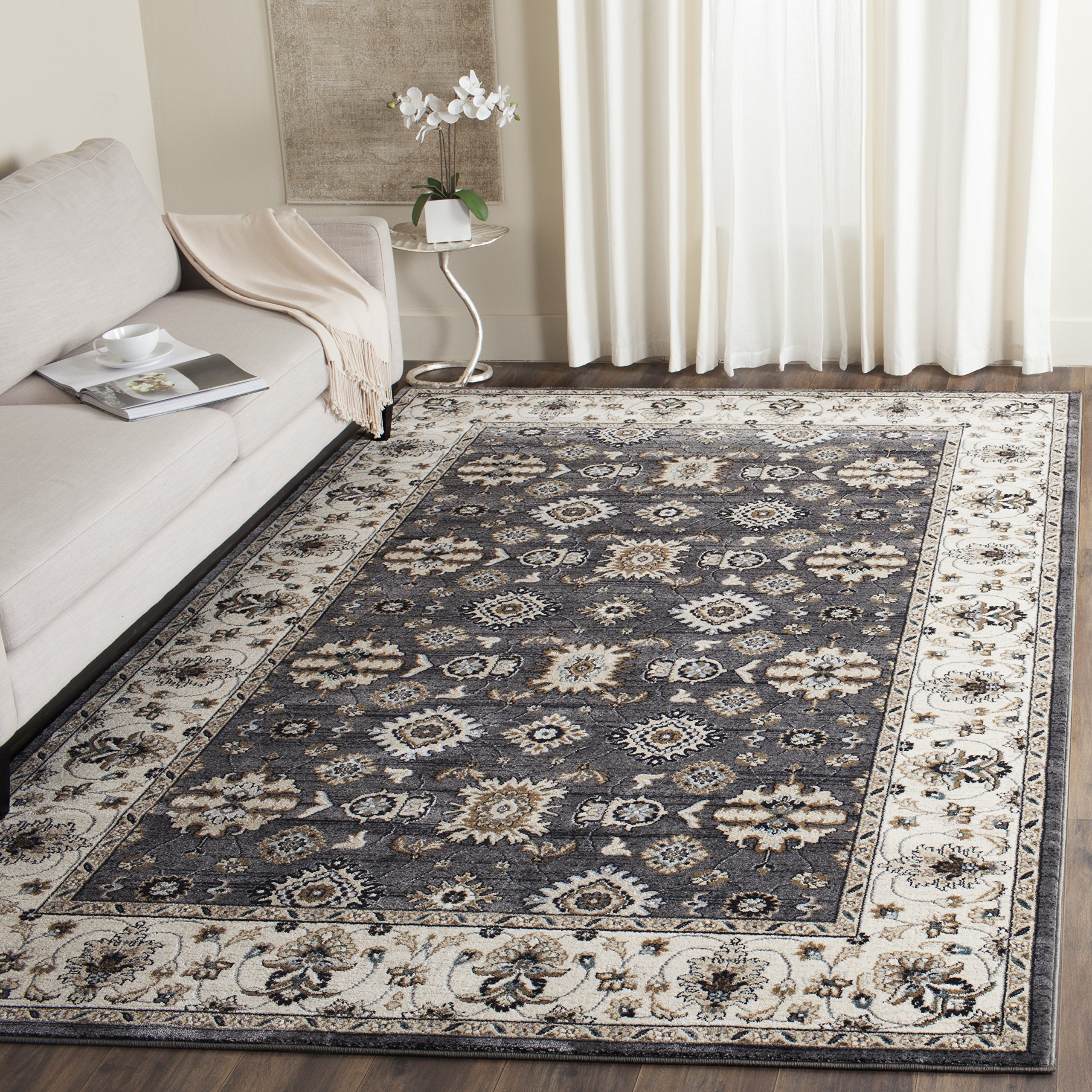 SAFAVIEH Lyndhurst Collection Area Rug - 7' Square, Grey & Cream, Traditional Oriental Design, Non-Shedding & Easy Care, Ideal for High Traffic Areas