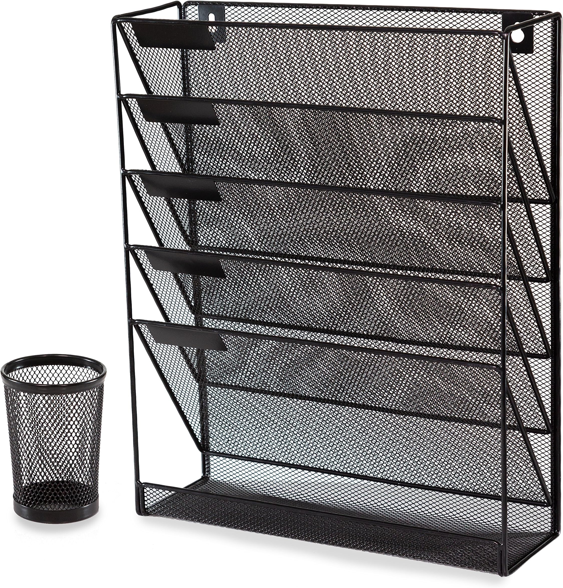 Wall Organizer and Desk File Holder Literature Mail Magazine Rack with Free Pen Holder Office Supplies Black Mesh
