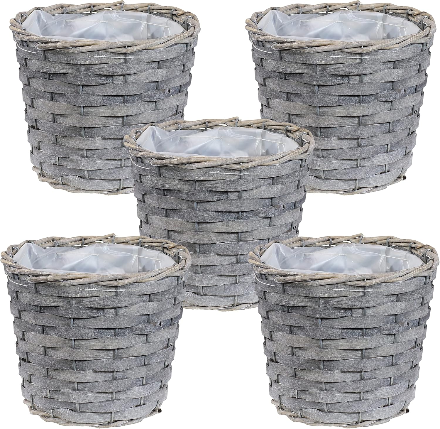 Sunnydaze 5-Piece Wicker Planter Basket Set - Indoor Use Only - Plastic Lined Flower Pots - Gray Poplar Construction with Steel Wire Frame - 6.75-Inch Diameter