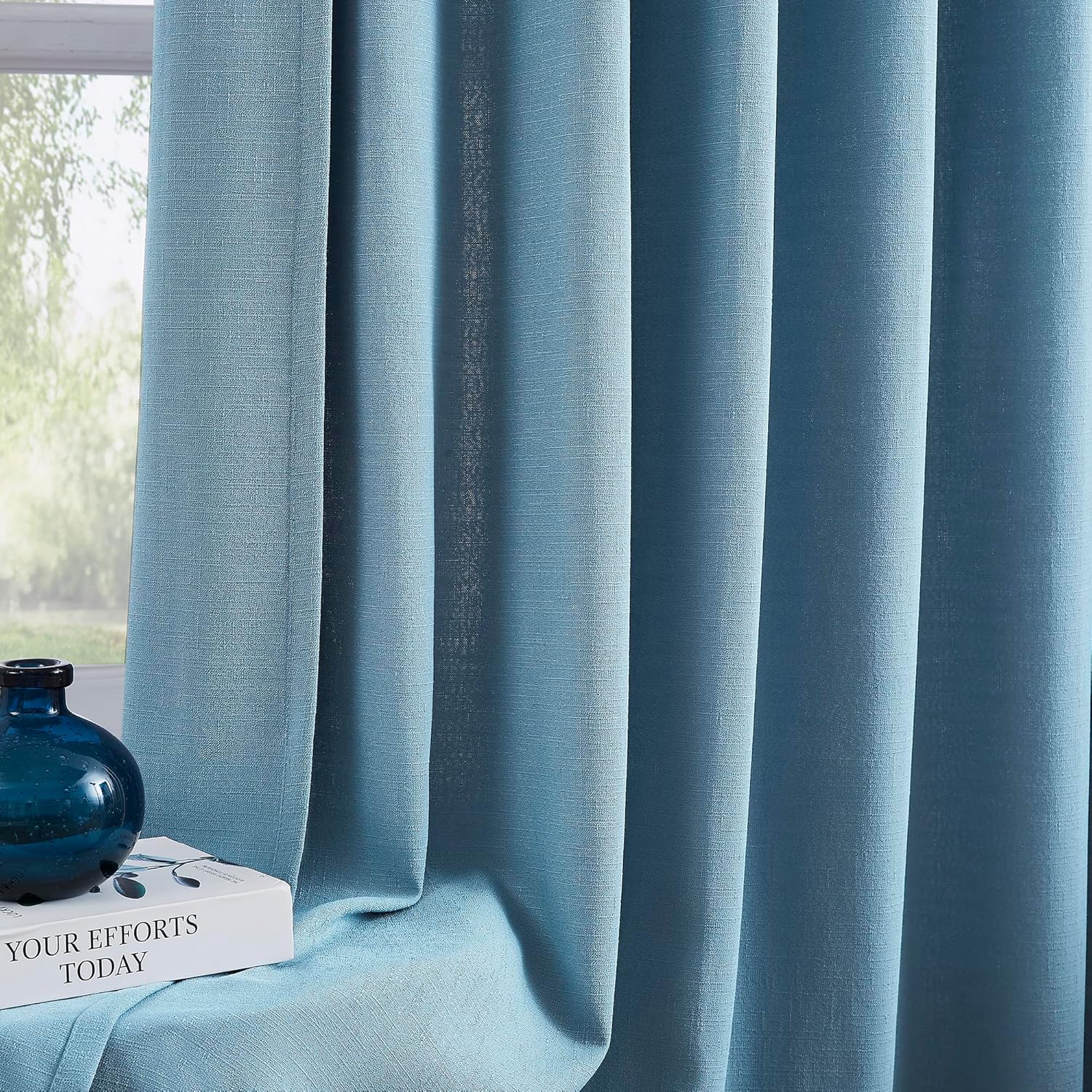 Dusty Blue Linen Texture Curtains for Living Room Bedroom Pinch Pleated 84 Inch Length Semi Sheer Window Curtains 2 Panel Set for Boys Room Light Filtering Pleated Drapes with Hooks for Home Decor