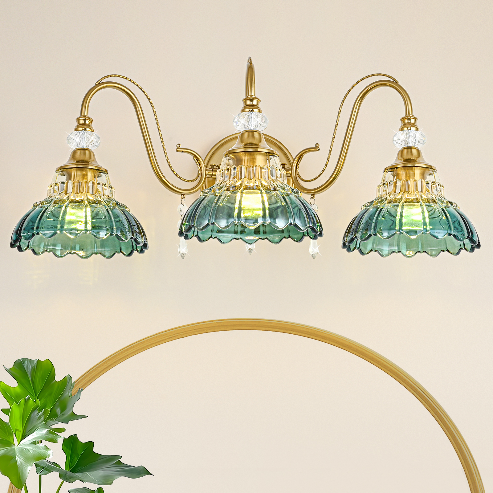 Image of Vintage Bathroom Vanity Light, 3-Light Brushed Gold Finish Wall Sconce with Hanging Crystal Accents and Flower-Shaped Teal Glass Shades, Retro Wall Mount Vanity Light Over Mirror for Bathroom
