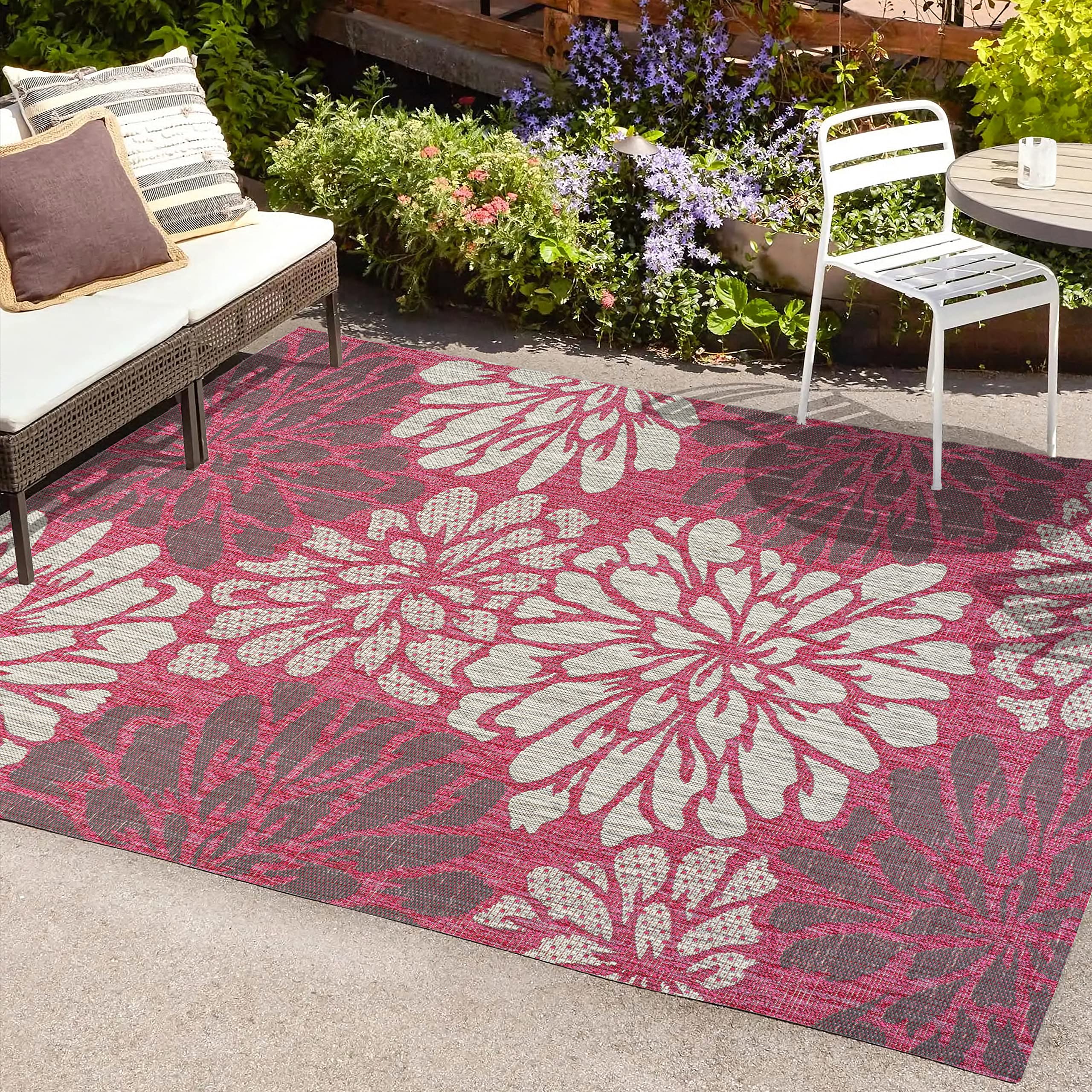 jonathan y smb110f-3 zinnia modern floral textured weave indoor outdoor area-rug, bohemian coastal mediterranean easy-cleaning,bedroom,kitchen,backyard,patio,non shedding, 3 x 5, fuchsia/light gray