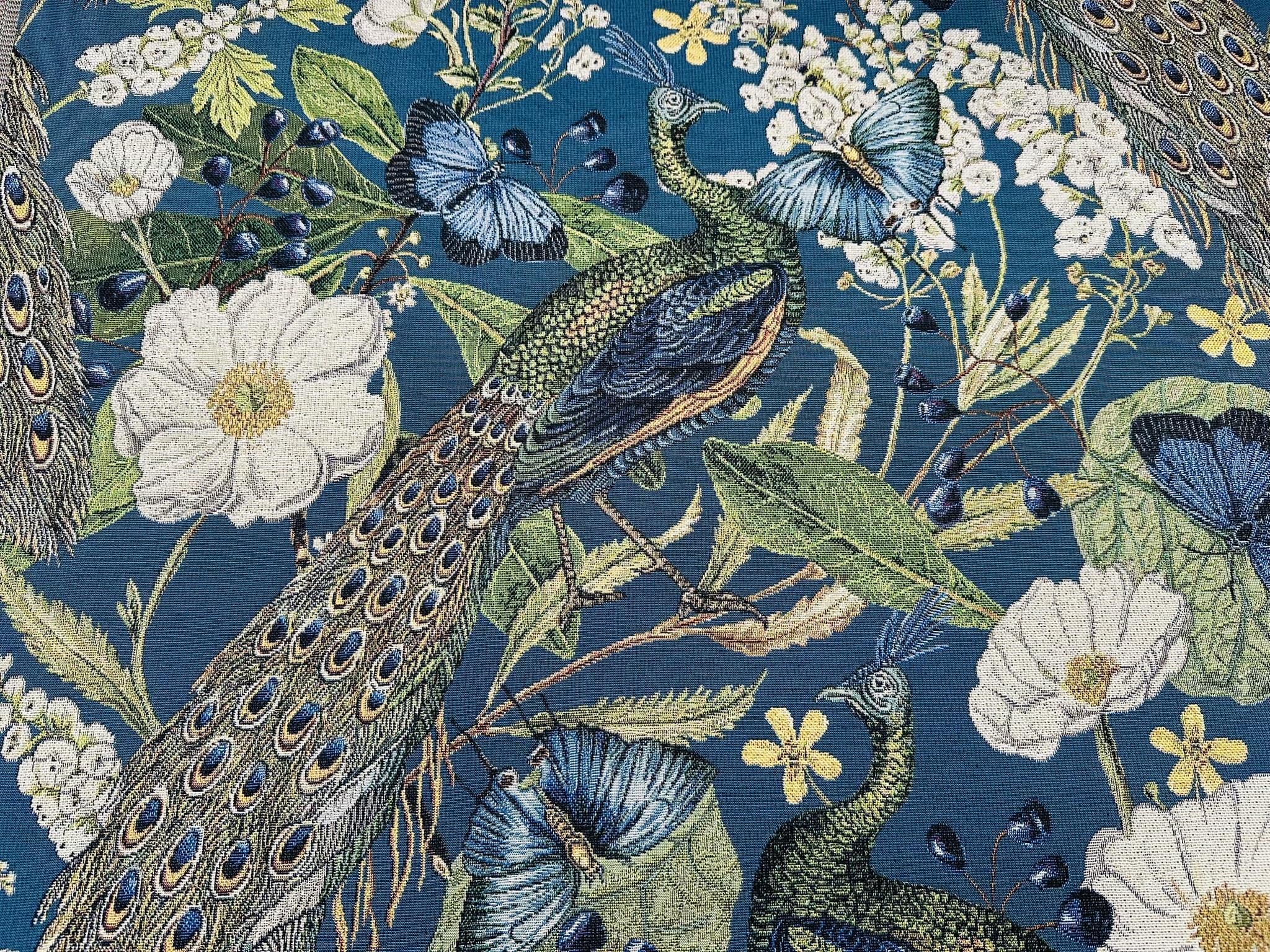 Paw Gobelin Tkanina Motyl Botaniczny Kwiatowy Gobelin Tkany Żakardowy Tapicerka Wystrój Domu Zasłony Poduszki, 140 cm Szerokości - Turkusowy Niebieski - Sprzedawany na metry
