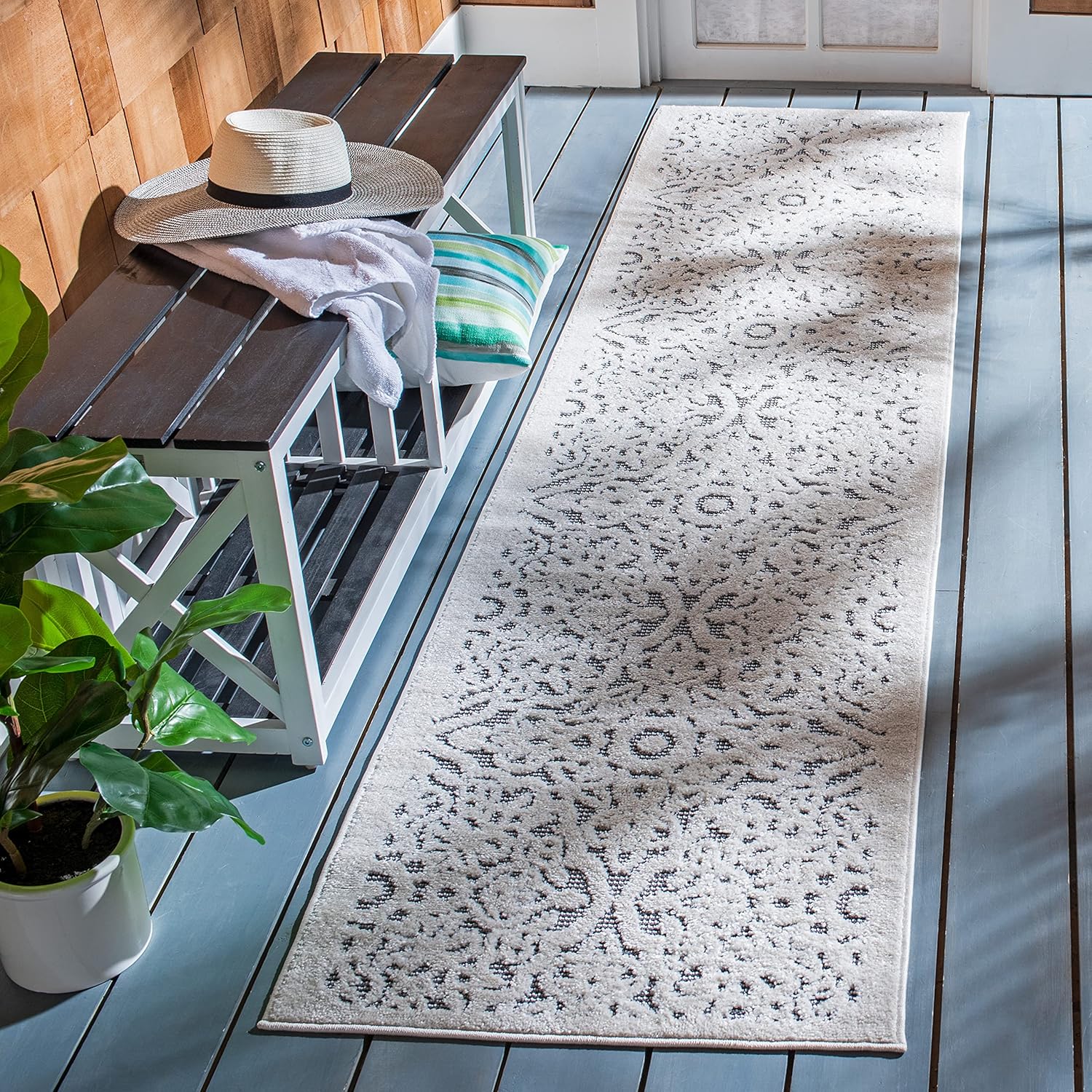 SAFAVIEH Washable Rug Outdoor Cabana Collection - 2'2" x 7' Runner, Ivory & Grey, Non-Shedding & Easy to Clean, Ideal for Patio, Backyard, Mudroom (CBN662A)
