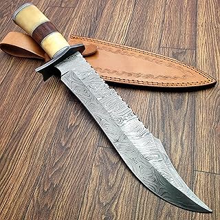 HK-77 KNIVES Bowie Knife15.0 Inch Handmade Damascus hunting knife fixed blade knife Bowie Knife With sheath Bone Handle knife Camping And survival knife., White, HZ-02 - TZ KNIVES