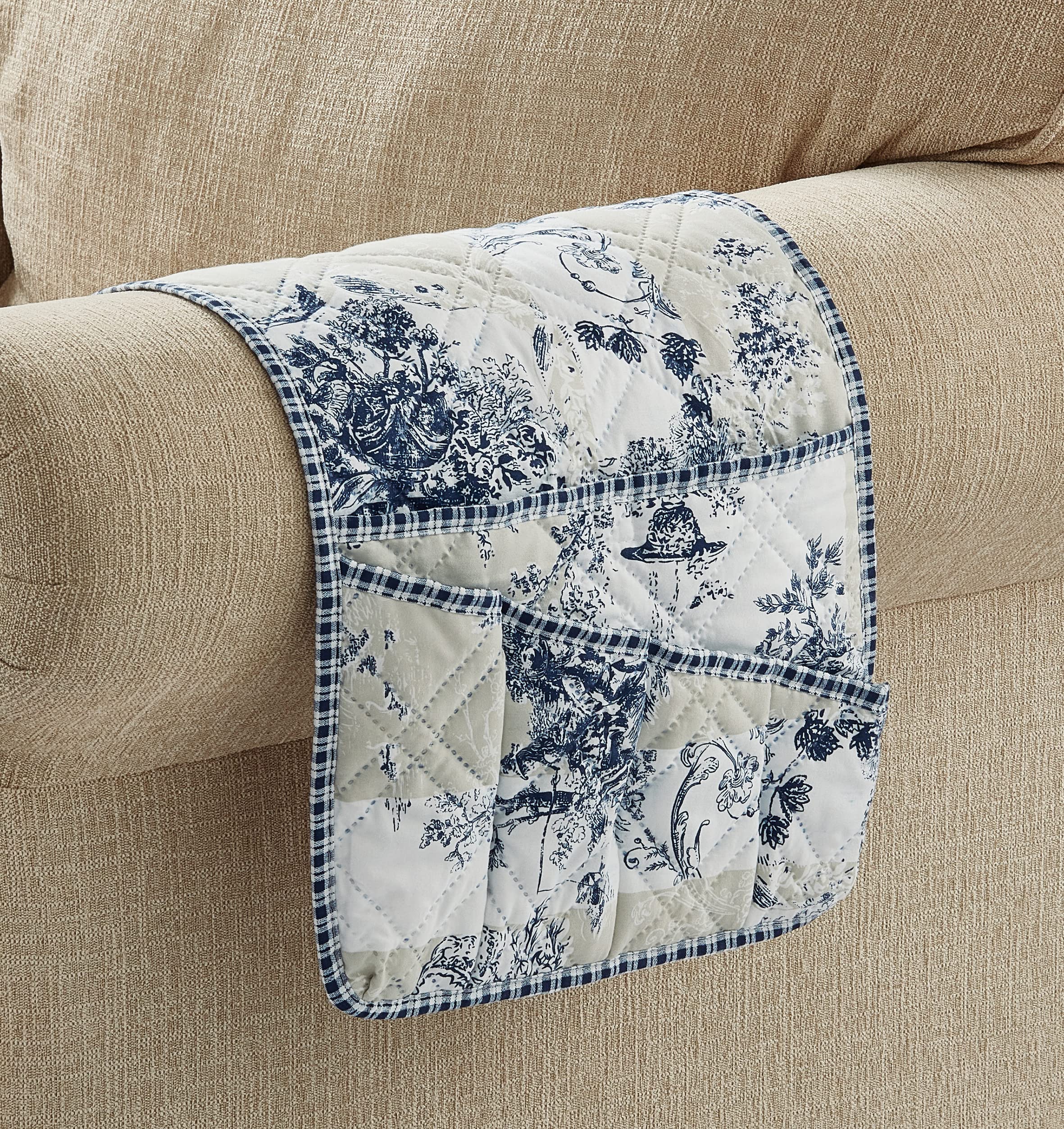 Brilliant Sunshine Toile Couch Sofa Armrest 5 Pockets Organizer, Slip Resistant Recliner Armchair Caddy, Washable Remote Controls Holder, Storage for Magazine, Tablet, Phone, iPad, 35×13