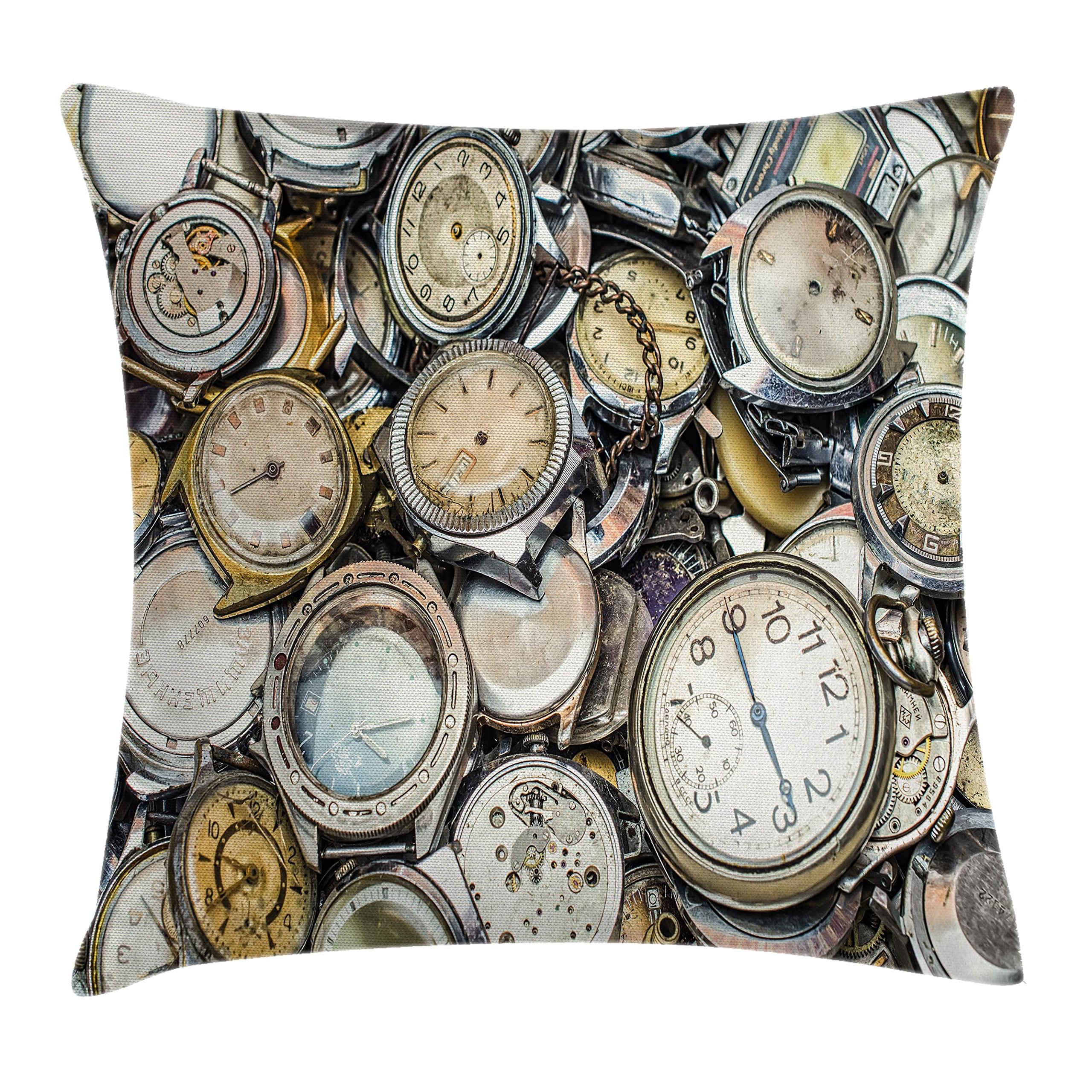 Ambesonne Clock Throw Pillow Cushion Cover, Antique Theme a Pile of Several Different Vintage Style Clocks Retro Pattern Design, Decorative Square Accent Pillow Case, 36" X 36", Beige Grey
