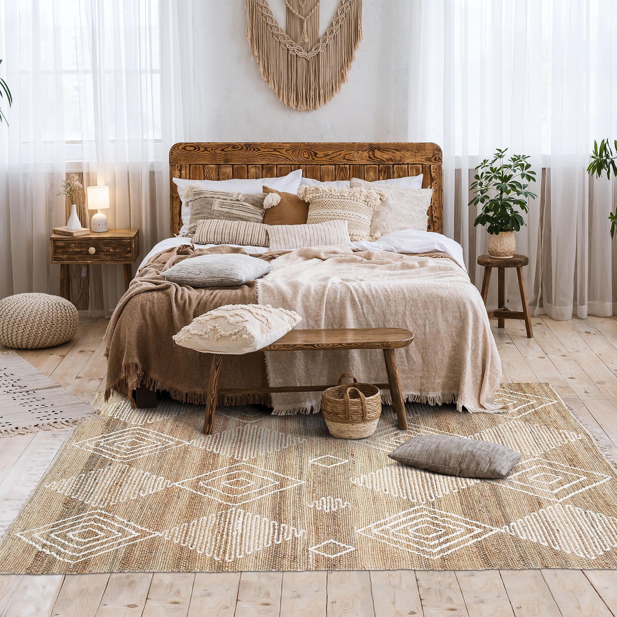 Thedecofactory PRIMI Losanges - Tapis en Chanvre avec Motifs Losanges en Laine épaisse Naturel 120x170