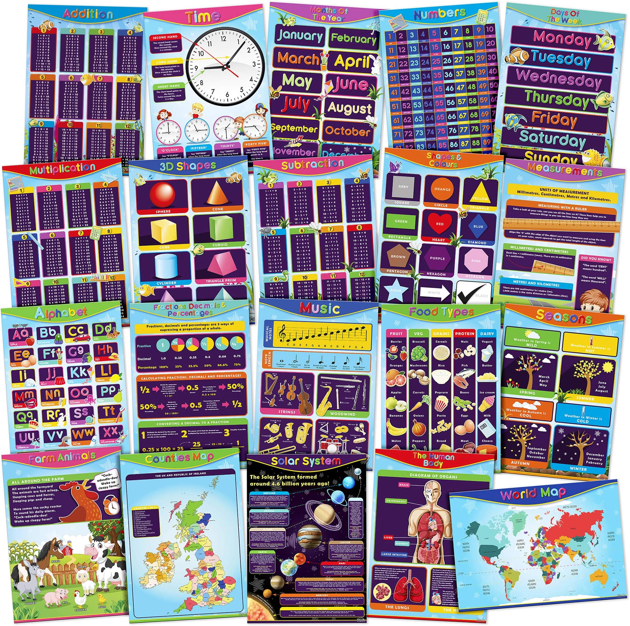 20 Pack of English Home Schooling Educational Resource Posters – Perfect for Learning & Decoration in the Classroom, Home & Nursery. Includes Alphabet, Numbers, Colours, Shapes, Time & More!