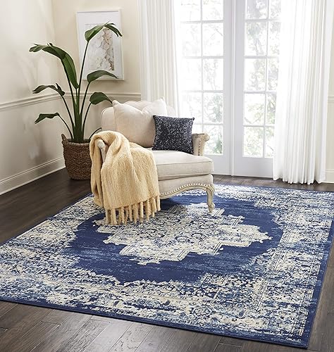 Nourison Grafix - Alfombra persa de 8 pies 6 pulgadas x 12 pies, azul marino, fácil de limpiar, no se desprenden hilos, para dormitorio, sala de disponible en Yaxa Peru