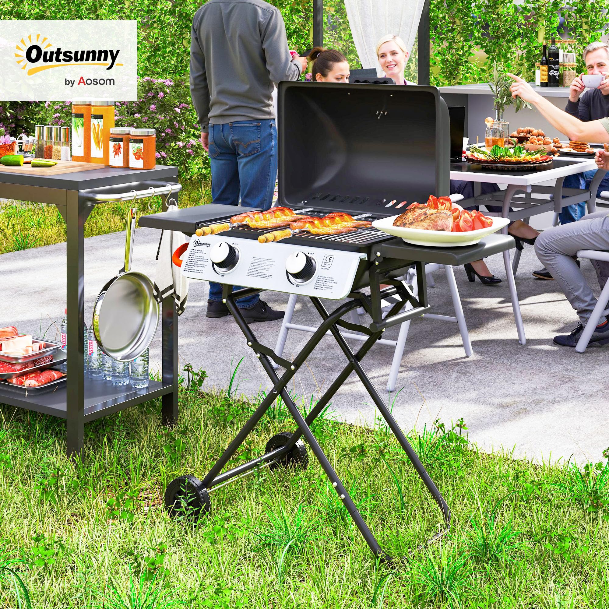 Outsunny Gasgrill mit 2 Edelstahlbrennern, 2,8 kW, tragbarer Grill, zusammenklappbar, mit Seitentischen, abnehmbarem Tablett, Thermometer und 2 Rollen für Picknick, Camping, 101 x 50 x 102 cm, Schwarz
