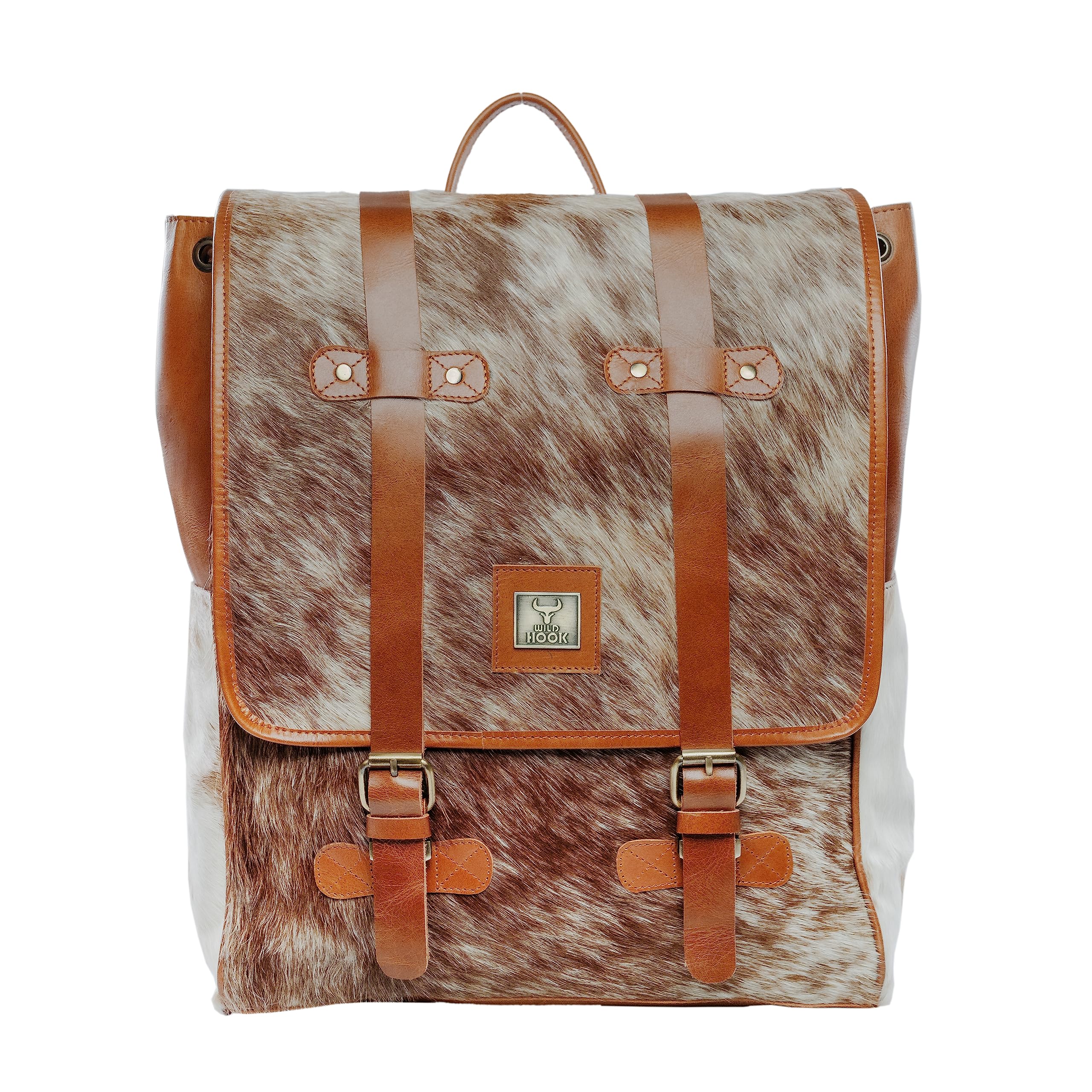 WILD HOOK - Cowhide Backpack | Real Hair On Cowhide Leather Backpack | Cowhide Diaper Bag | Cowhide School Bag | Shoulder Bag |Travel Bag Brown & White-image-44