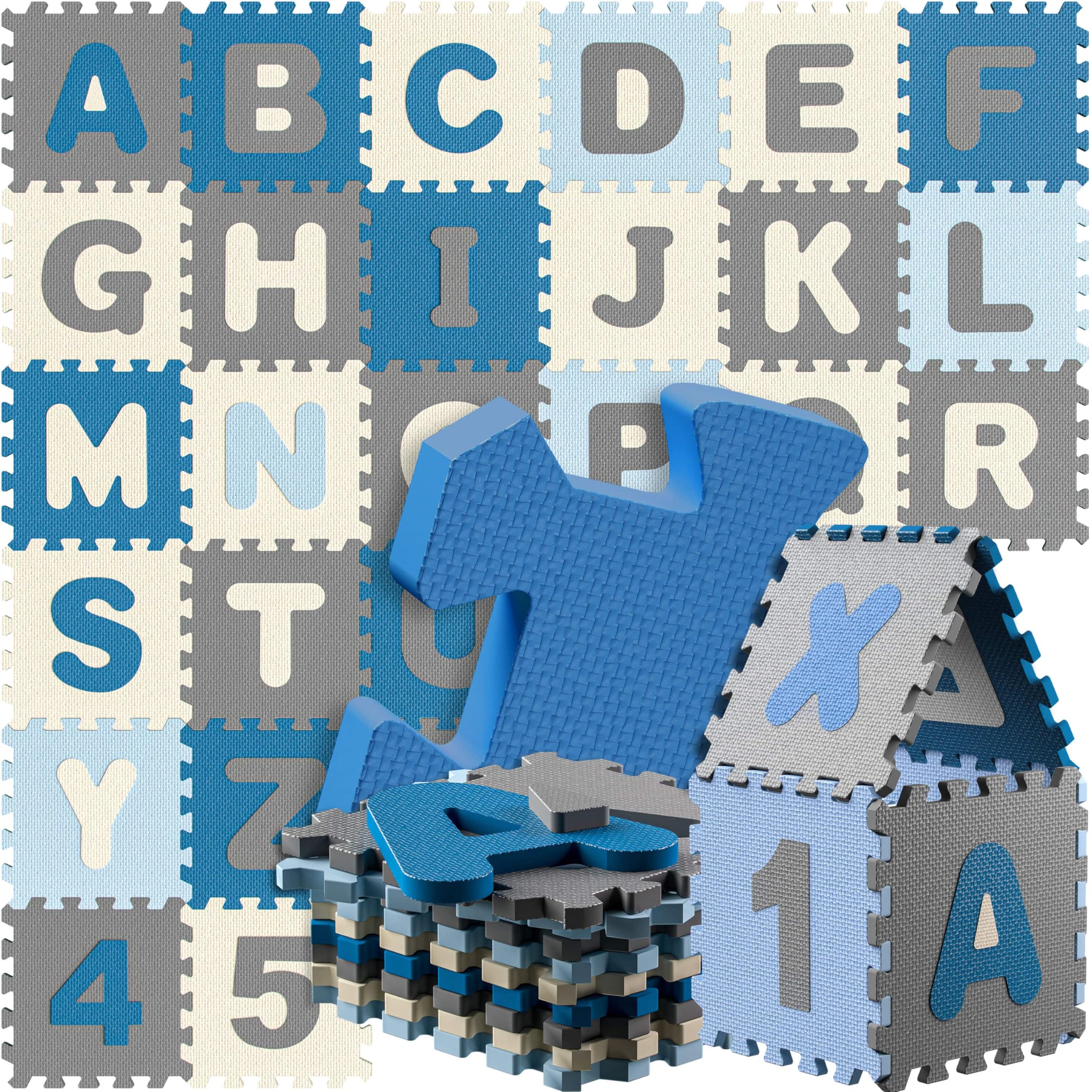 SPIELWERK Tapis Puzzle d'éveil et de Jeu Bleu - Dalles en Mousse XXL pour bébé ou Enfant Bas âge - Anti-dérapantes, avec Alphabet et Chiffres, 86 pièces, 36 Dalles de 30x30cm