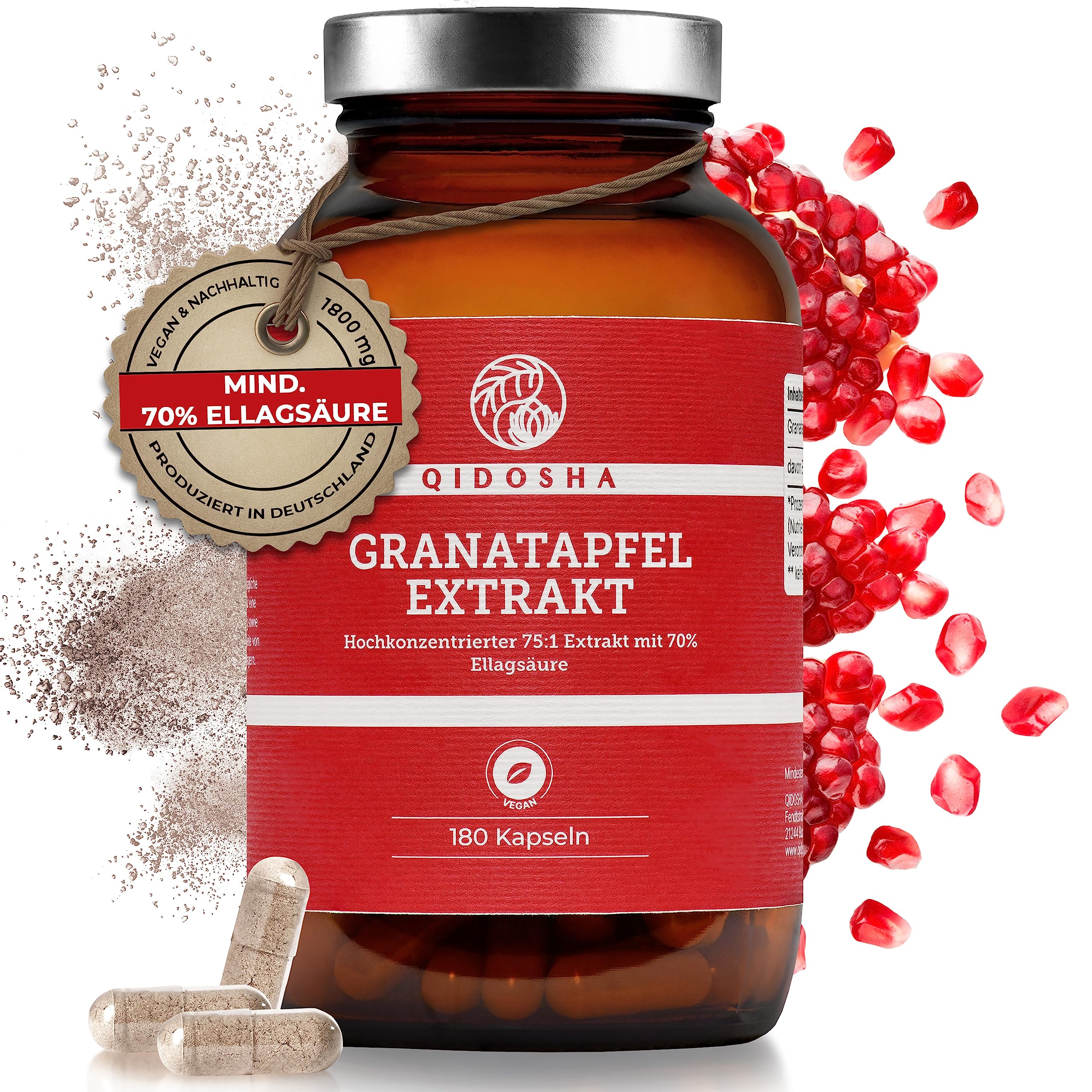 QIDOSHA® Granatapfel Extrakt Kapseln hochdosiert, 70% Ellagsäure, 180 Stk/Glas, 75:1 Premium-Extrakt mit 1800mg Granatapfel Extrakt je Tagesportion, vegan, deutsche Fertigung