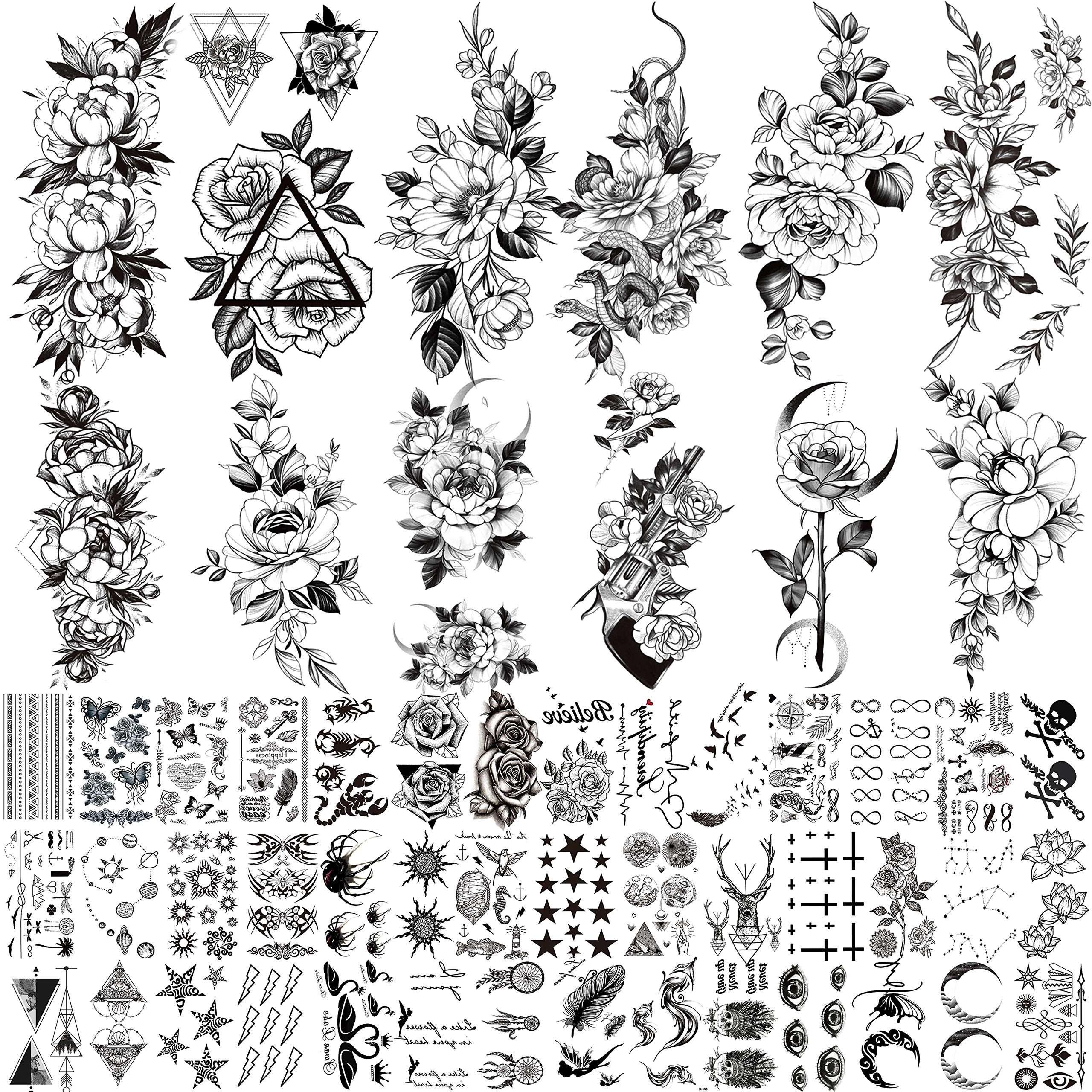 56 Sheets DIY Black Flower Temporary Tattoos For Women Girls Neck Arm Waterproof Fake Tattoo Stickers For Kids Boys Girls Adults Moon Rose Peony Floral Small Tatoo Sets Birds Butterfly Star