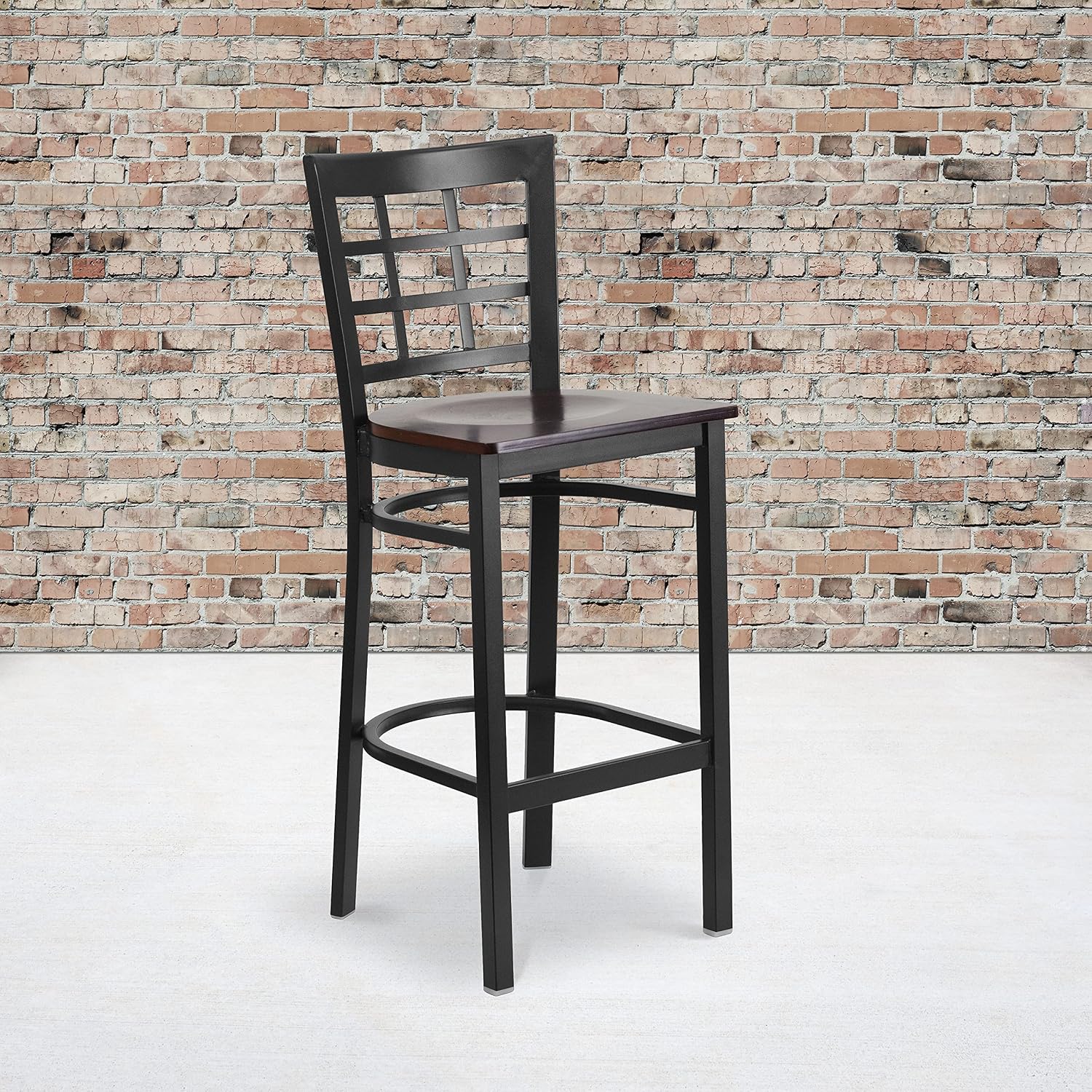 Flash Furniture HERCULES Series Black Window Back Metal Restaurant Barstool - Walnut Wood Seat