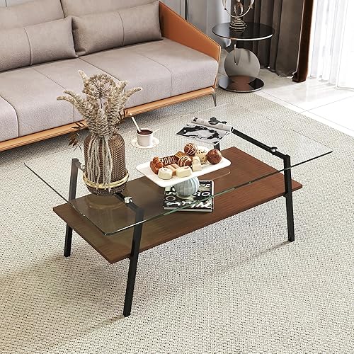 Prime Deal - Mesa auxiliar de cristal para sala de estar, mesa de centro de 2 niveles de mediados de siglo, mesa central con parte superior de