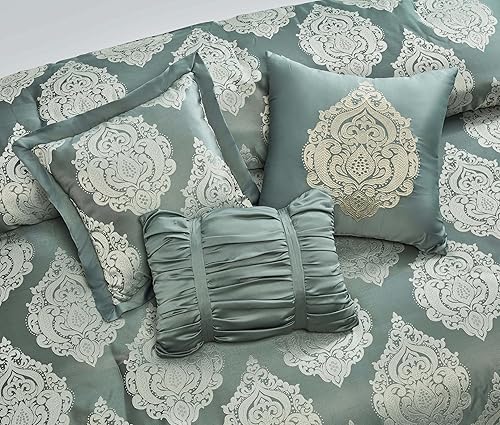 Miniatura 8 de Trinity - Juego de edredón de lujo de 7 piezas, edredón tradicional de medallón jacquard gris y verde con cojines decorativos y fundas de almohada,