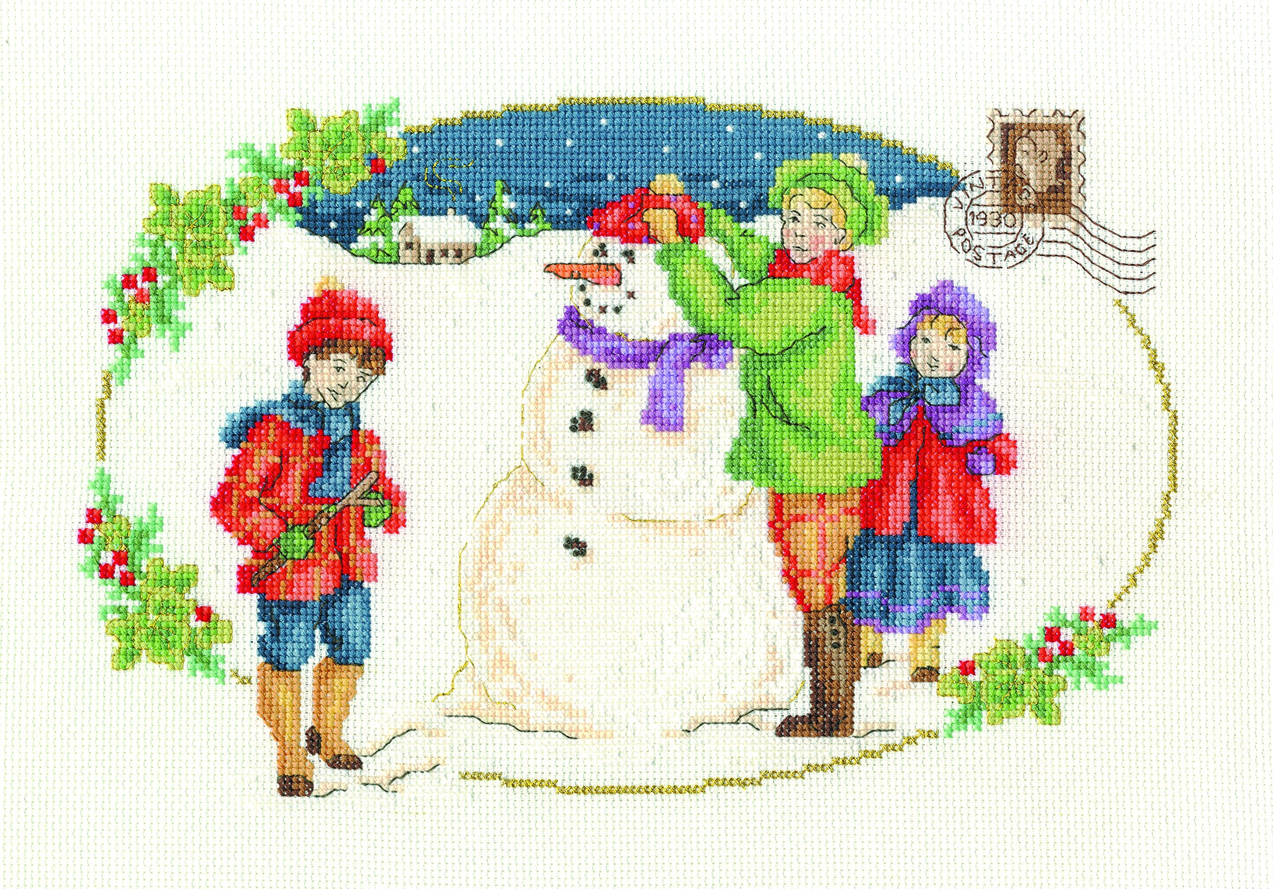 DMC Vintage Building a Snowman Cross Stitch Kit, 100 Percent Cotton, Multi-Colour