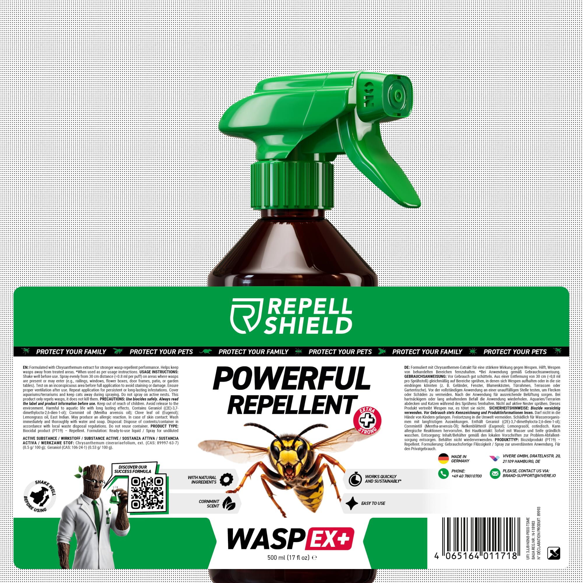 RepellShield® Spray Anti Guepe pour Piscine, Toiture, Jardin -500ml- Non Tachant - Barrière Répulsive à Base de Plantes et Extrait de Chrysanthème - Anti Guepes et Frelons Exterieur