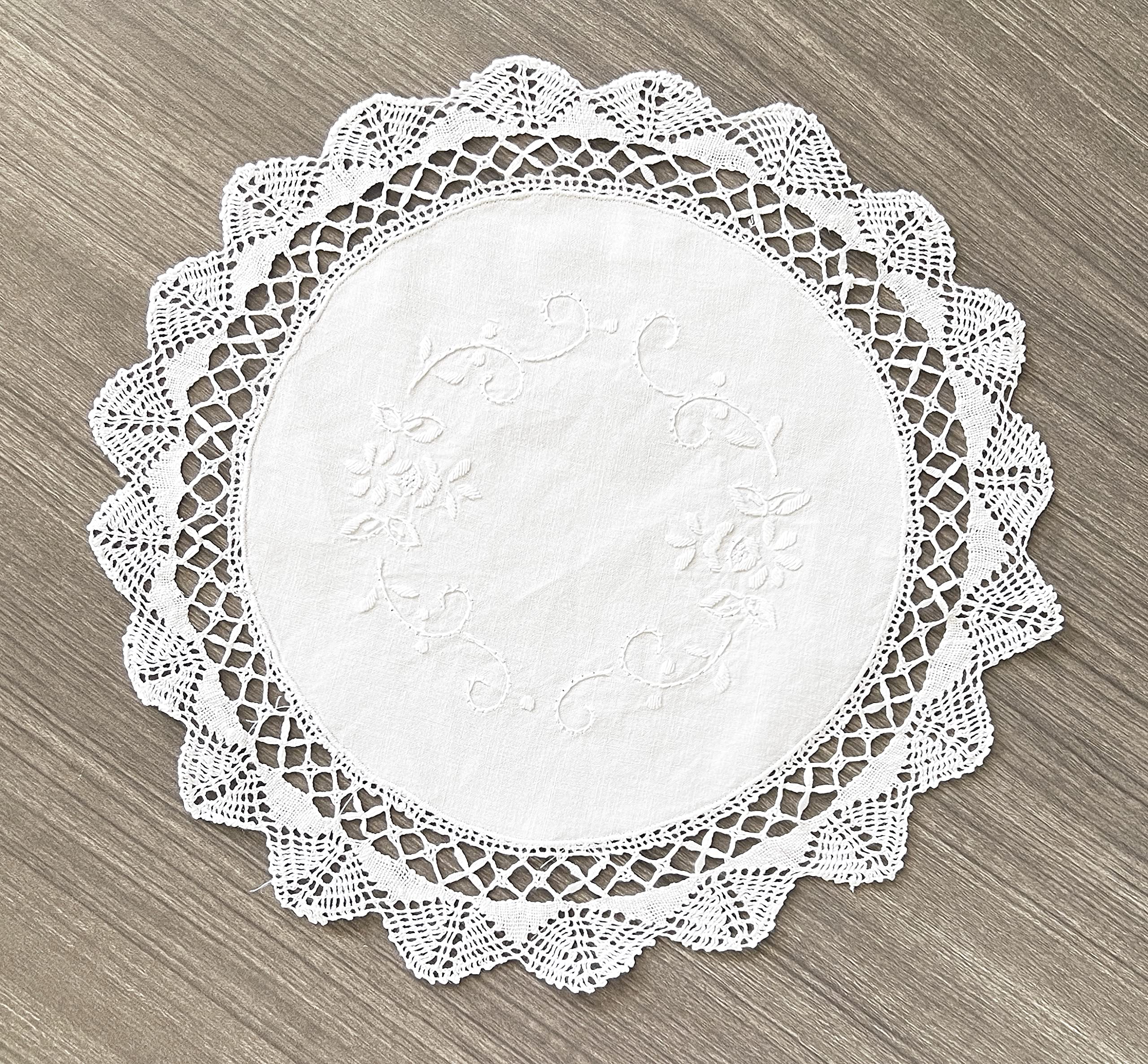 Fennco Styles Handmade Cluny Lace Embroidered Doily 16" Round, 1-Piece - White Traycloth Doily for Home Décor, Banquets, Holidays, Weddings and