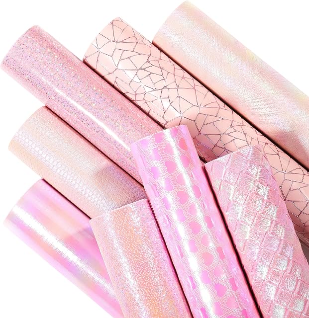 LOTOFUN Holographic Faux Leather Sheets: 8pcs Assorted A4 21x30cm Iridescent Synthetic PU Leather Bundle Mixed Pink Color Embossed Texture Series for Bows Earrings Making DIY Crafts