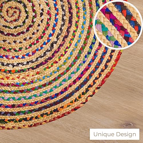 Miniatura 4 de RAJRANG BRINGING RAJASTHAN TO YOU Alfombra reversible grande de yute Chindi de algodón tejido circular multicolor redonda de 6 pies
