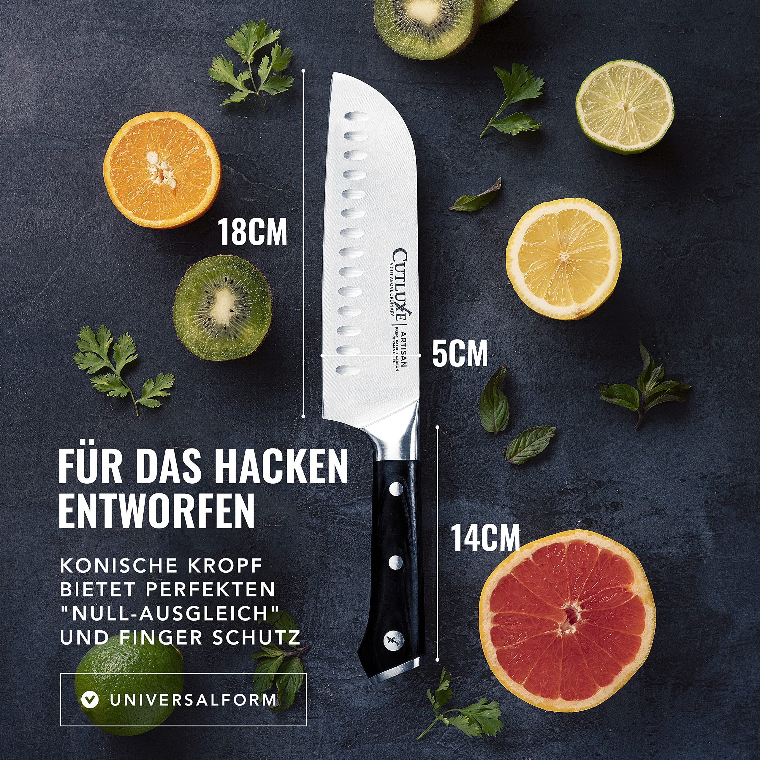 Cutluxe Santoku Messer 18cm – Fischmesser, Fleischmesser, Sushimesser, Küchenmesser mit Scheide – Ergonomisches Design & Extrem Scharf