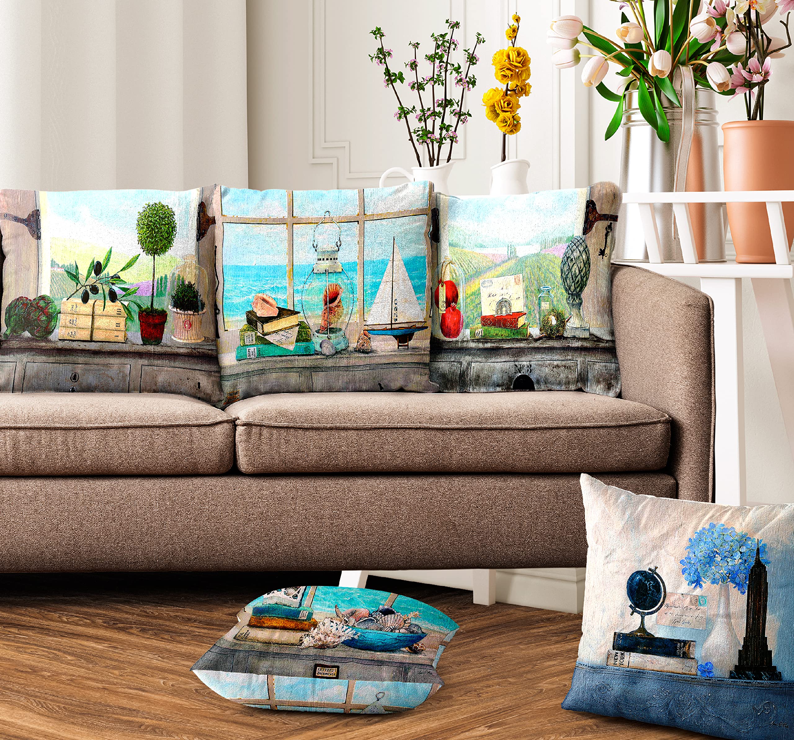 Ultimate Trends Polyester Digital Modern Printed Cushion Cover 12x12 Set of 5, White and Sky Blue (UTCC-1004_ 12)