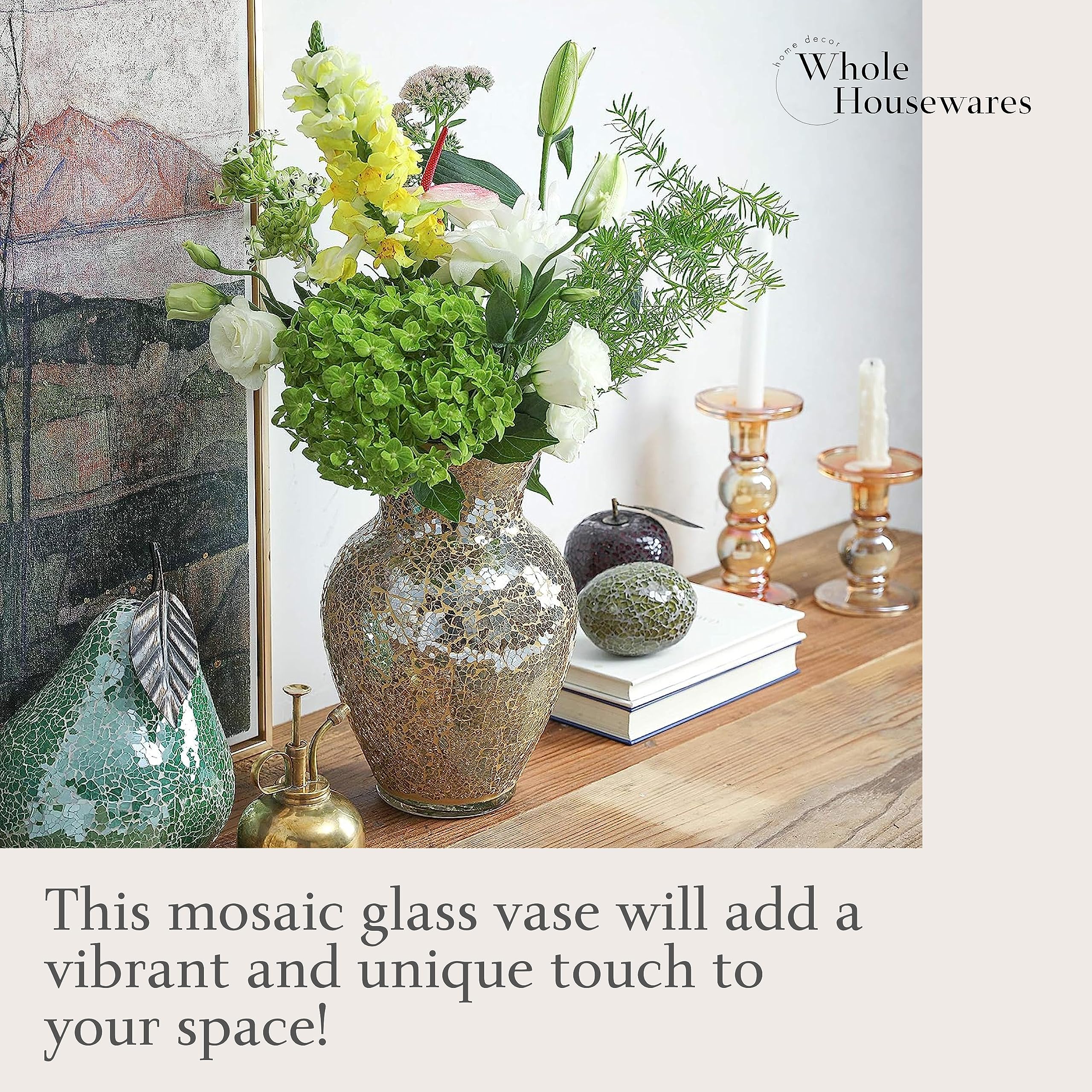 WHOLE HOUSEWARES | Mosaic Glass Vase | 10.5" Home Décor Centerpiece | Elegant Glass Flower Vase for Living Room, Kitchen, Wedding Banquet, Dried and Artificial Flowers | Home Décor (Gold)