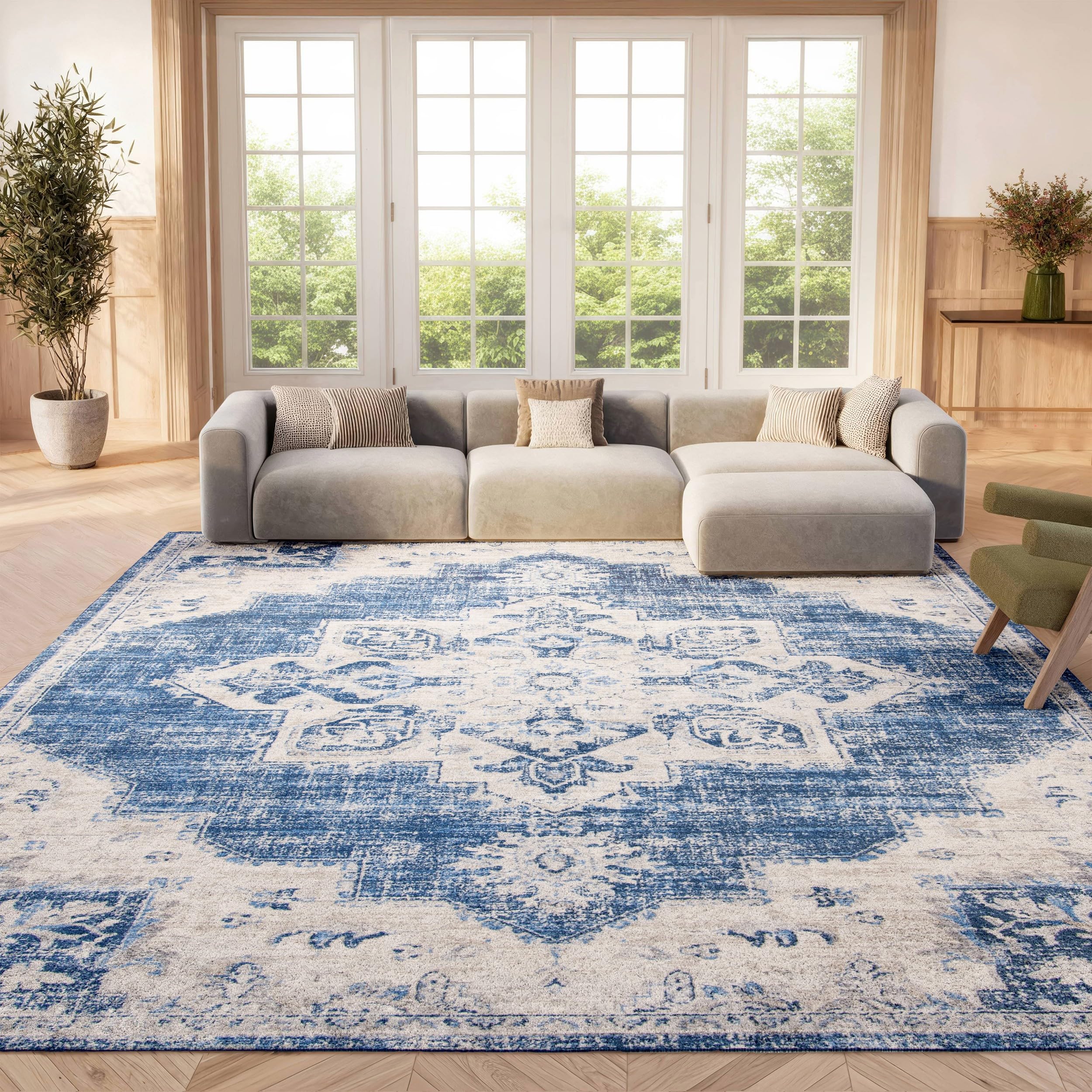 SAFAVIEH Area Rug 10x13 - Brentwood Collection - Large - Ivory & Navy, Medallion Distressed Design, Non-Shedding & Easy to Clean, Ideal for Living